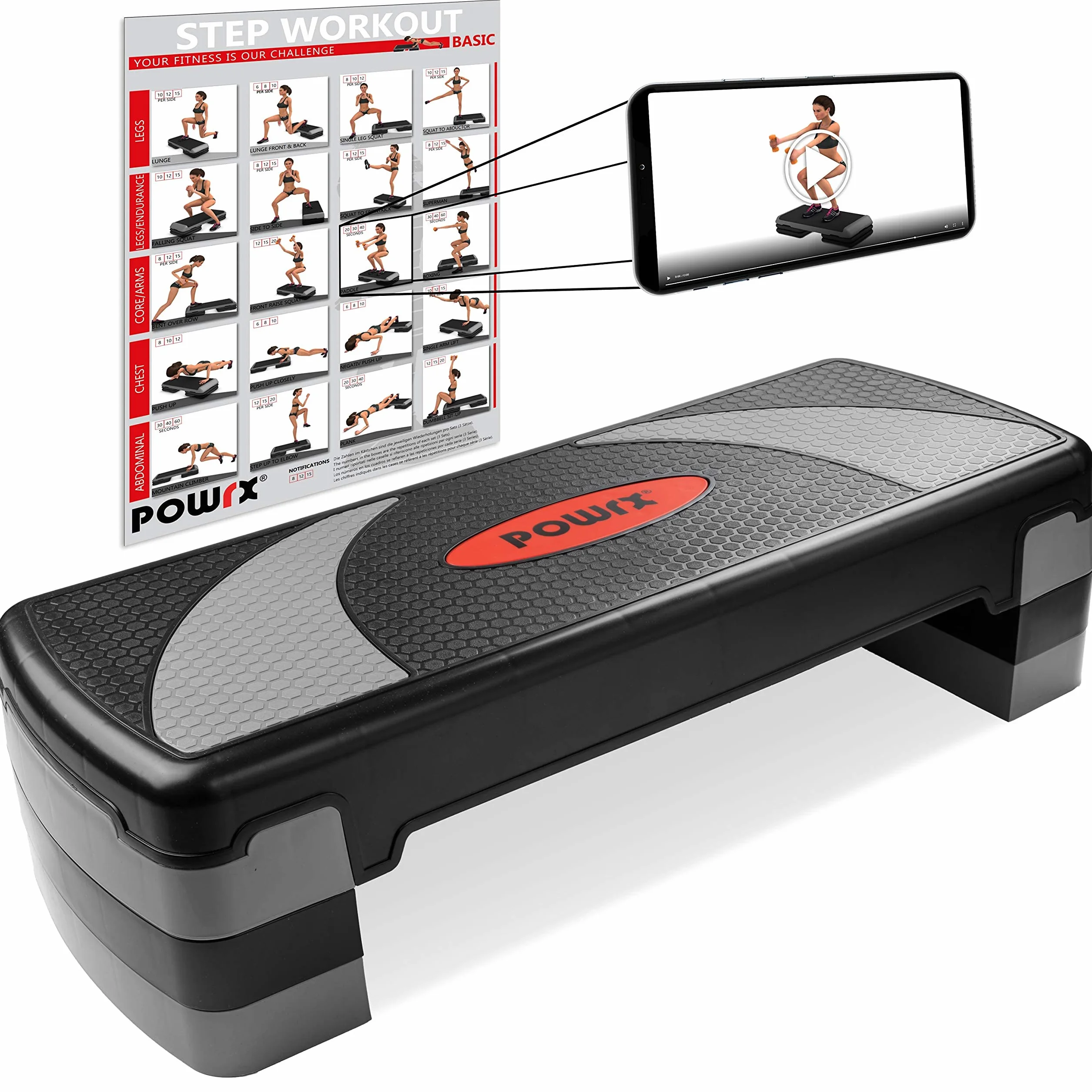 POWRX Step fitness aerobica XL 78 x 29 cm Stepper regolabile antiscivolo Nero Grigio