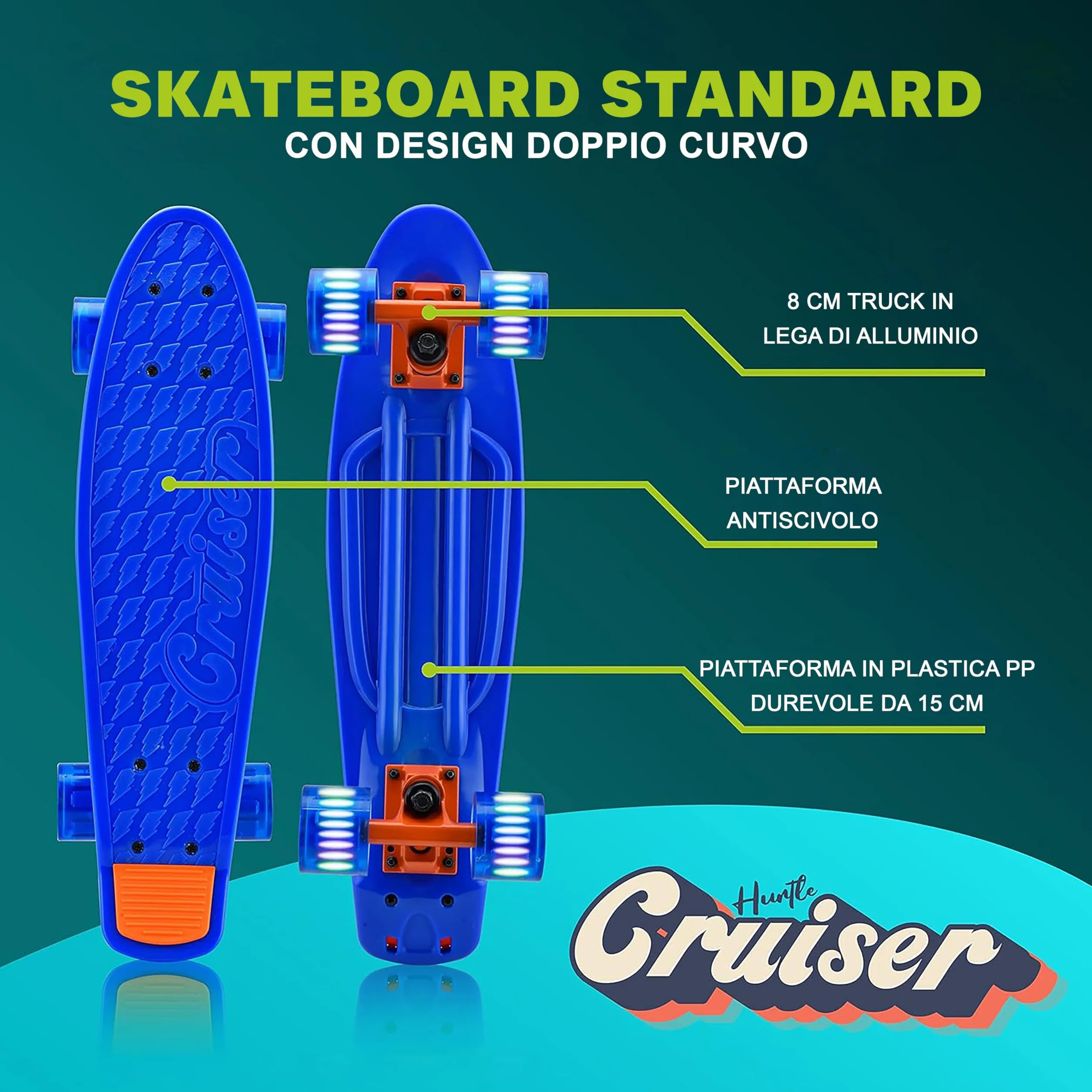 Hurtle Skateboard Mini Cruiser, Tavola PP 15,24 Centimetri, Doppio Kick, Truck in Alluminio 8,26 Centimetri, Ruote PU con LED, per Bambini da 5 Anni, Adolescenti e Adulti.