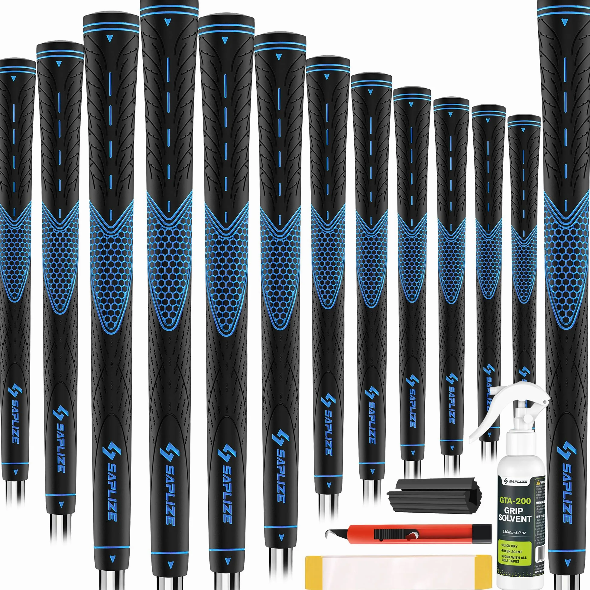 SAPLIZE Set di 13 impugnature da golf, con nastro adesivo e kit completo di regripping Jumbo, impugnature in gomma antiscivolo per mazze da golf, da donna/uomo, serie CC01, blu