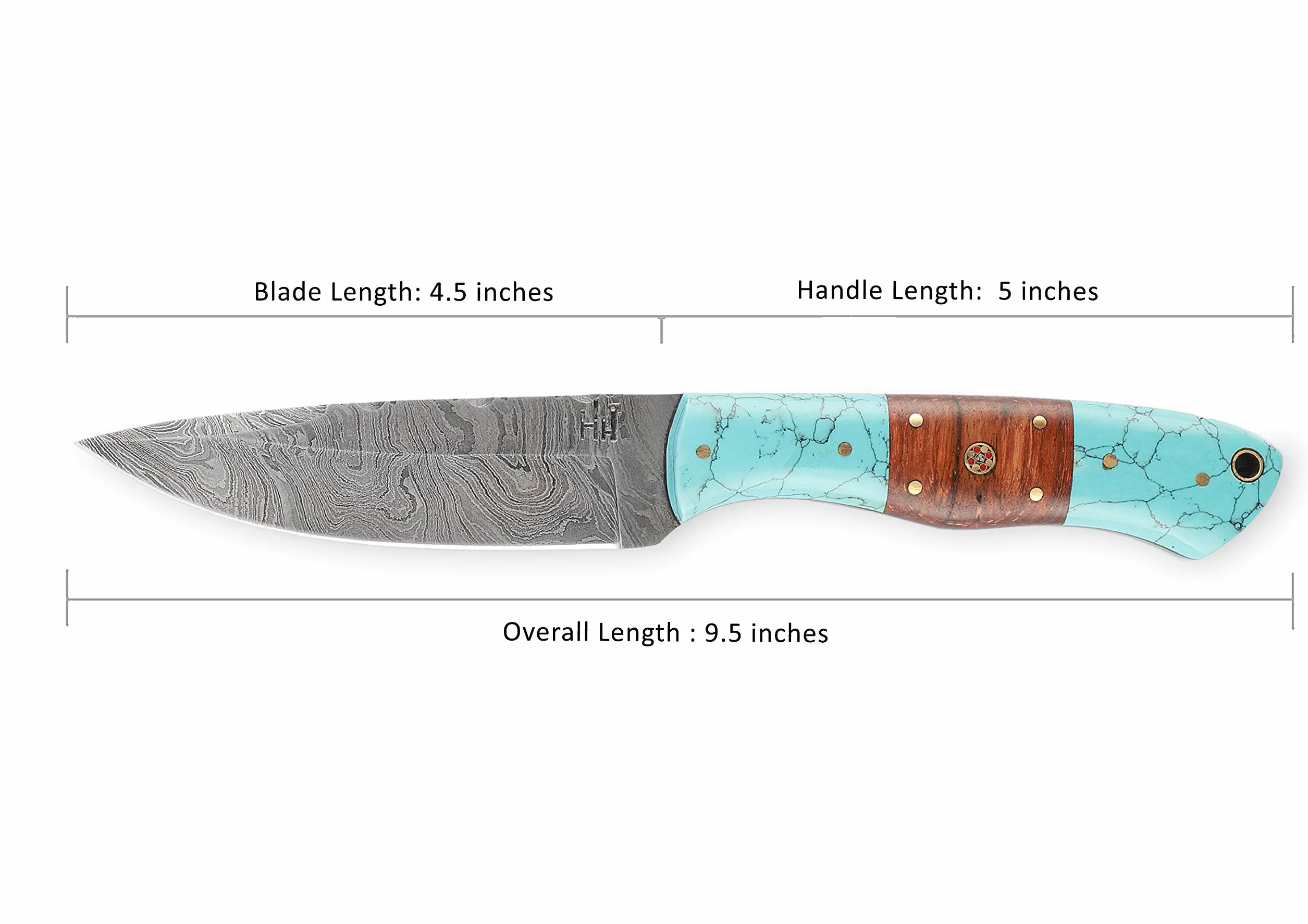 Hobby Hut HH-409, 24,13 cm, coltello damasco in acciaio fatto a mano, coltello da caccia con fodero in pelle, manico in legno e turchese, coltello damascato, coltello da caccia completo, lama fissa
