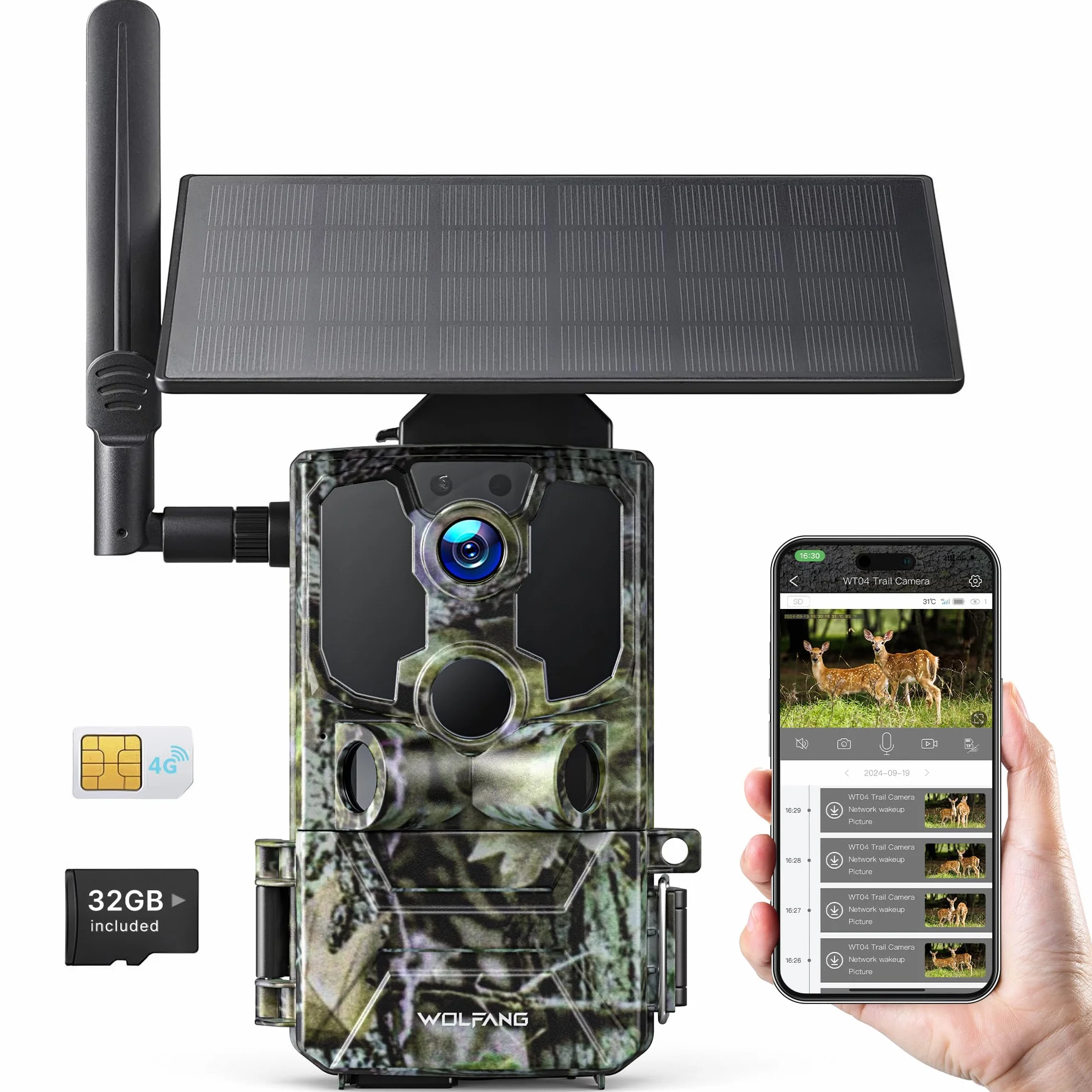 WOLFANG Fototrappola, 4G LTE Fototrappola Solare 2.5K con Scheda SIM Preinstallato e SD, Fotocamera con Allarme, Visione Notturna, Angolo 120° 82ft, Tempo di Scatto 0,2s, IP66 Impermeabile