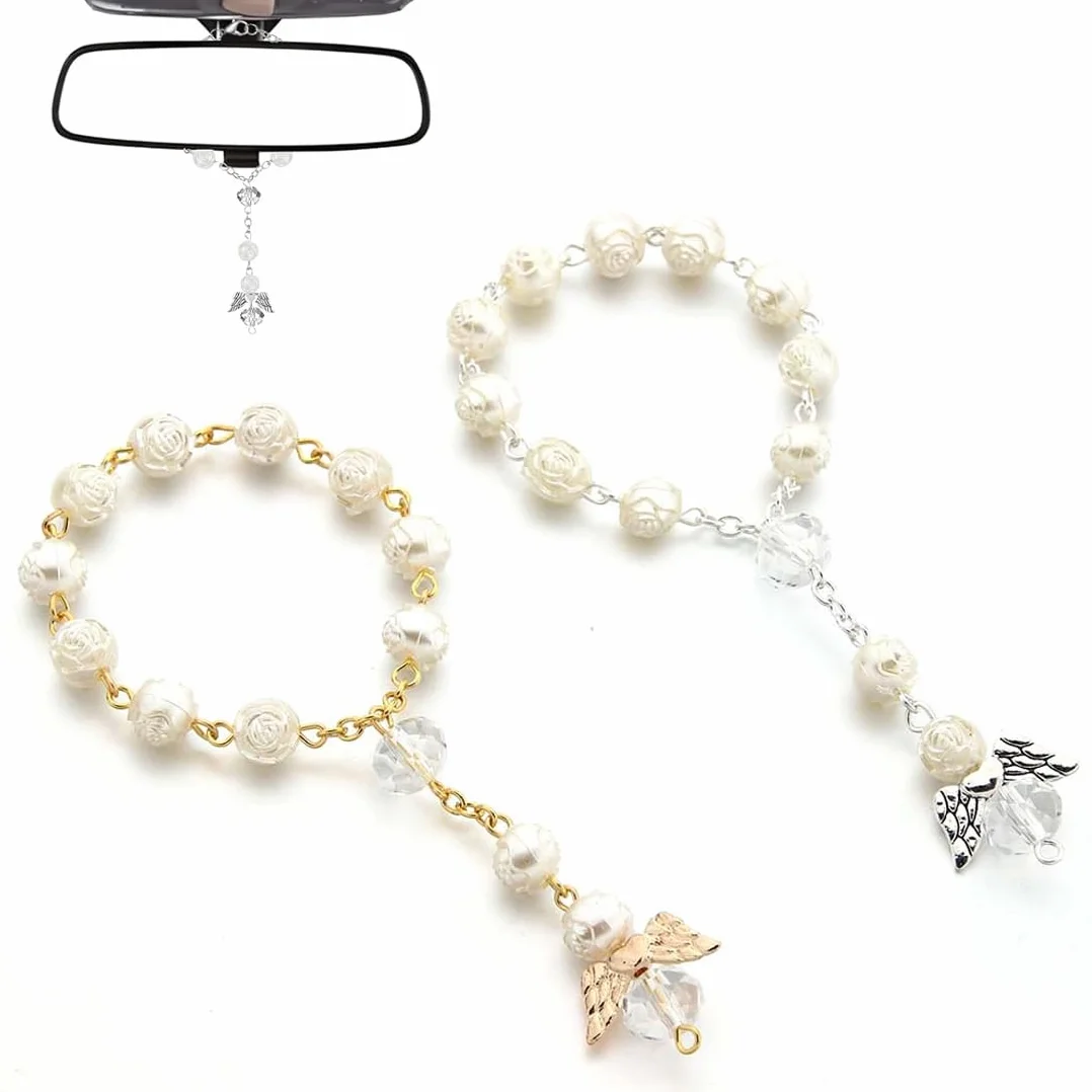 2 Pcs Chapelet de voiture pour ange gardien, Pendentif rétroviseur, Décoration intérieure de voiture, Pendentif porte-bonheur, Accessoire de voiture, Cadeau ange gardien