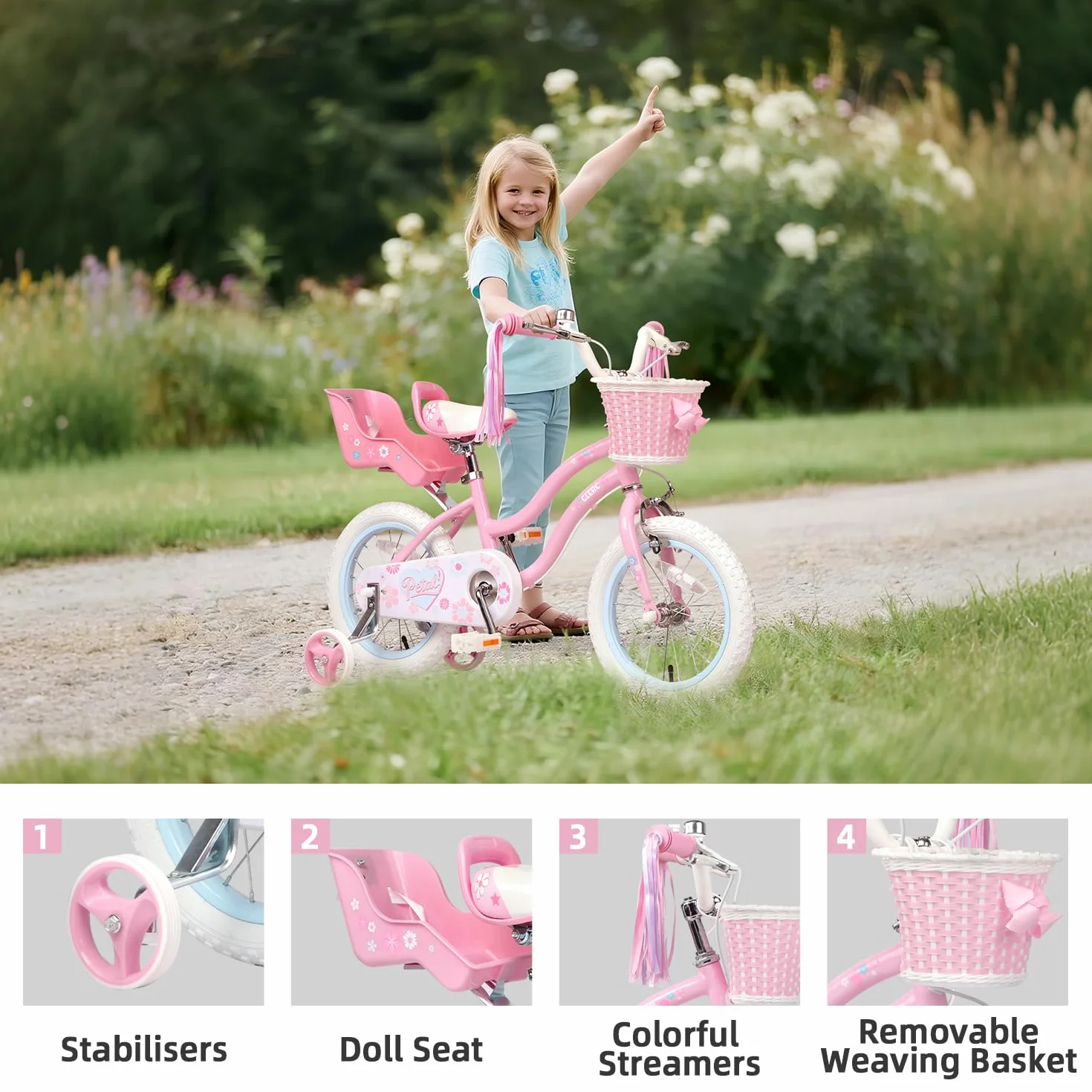 Bicicletta per Bambini 12 Pollici, Stile Principessa con Cestino e Rotelle di Supporto, Rosa