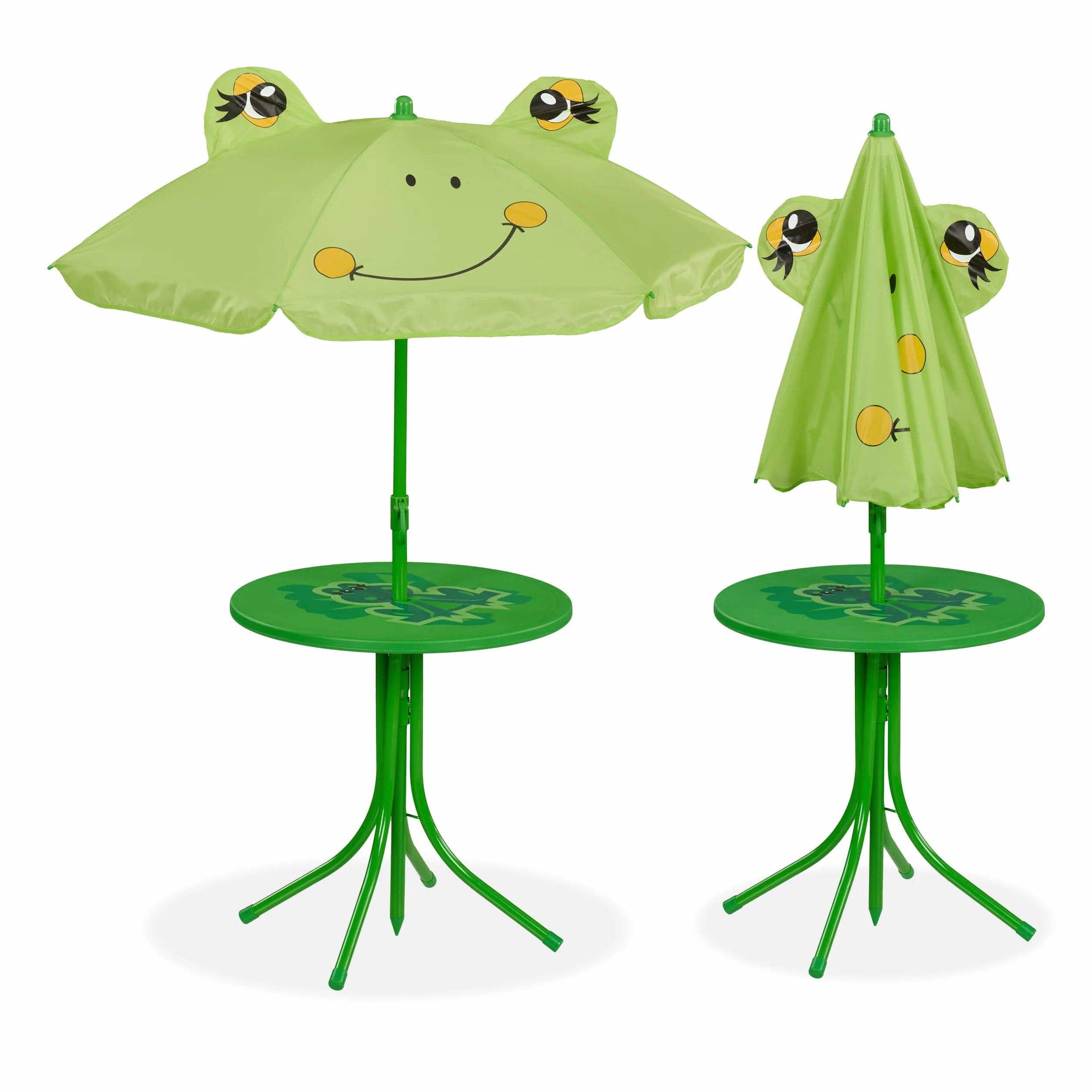 Relaxdays Tavolo Bambini con Ombrellone, Set 2 Sedie, da Campeggio e Giardino, Tavolino Picnic Design Rana Verde