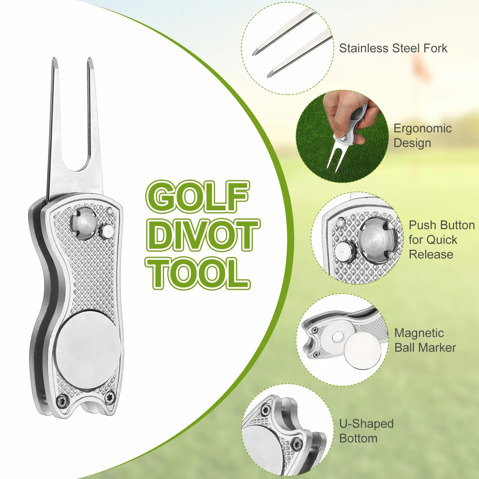 PATIKIL Golf Divot Repair Tool Pieghevole in Metallo con Marcaballa Magnetica Forchetta Acciaio Inossidabile Argento