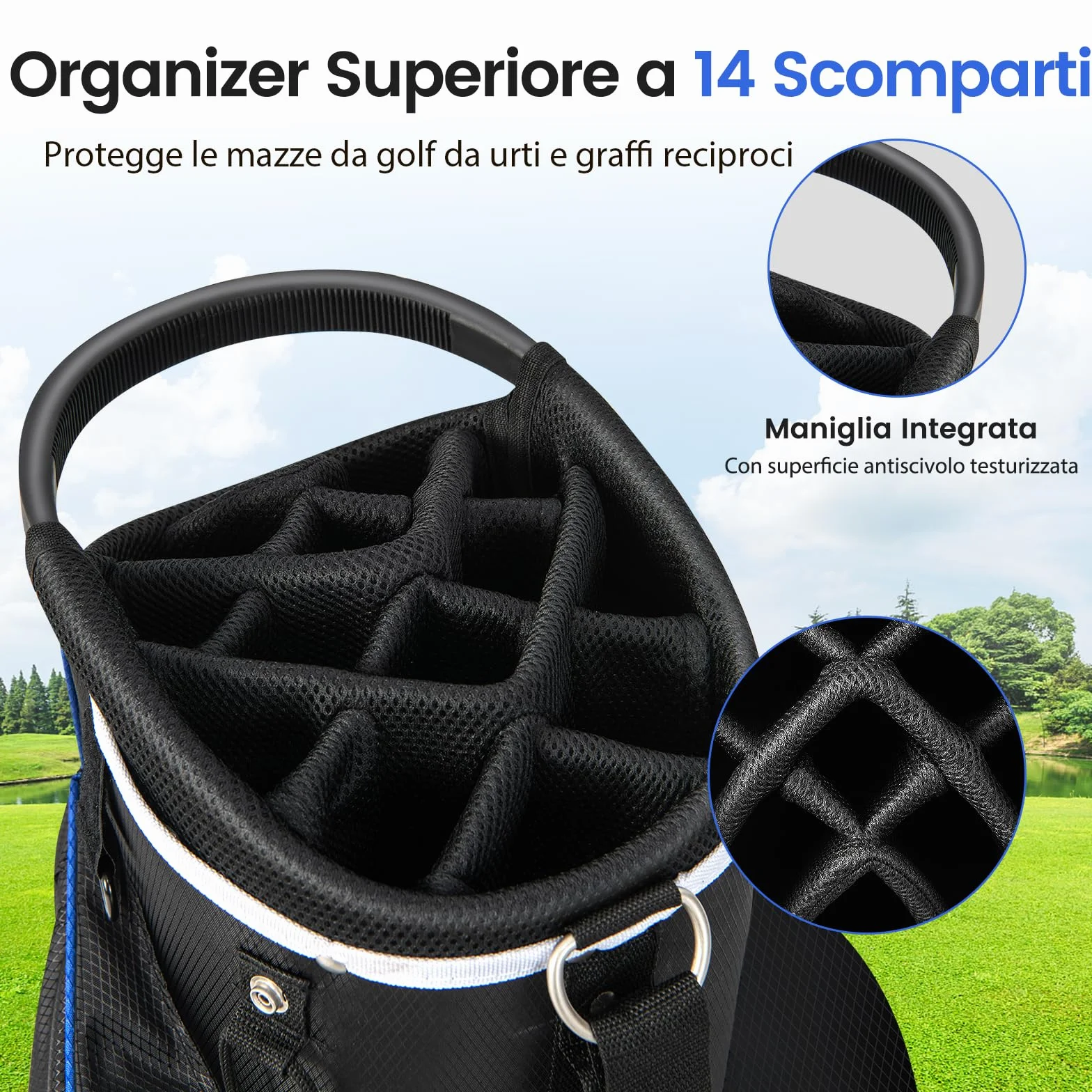 COSTWAY Borsa da Golf con Divisori Superiori a 14 Vie, 9 Tasche, Tasca Termica, Cappuccio Antipioggia