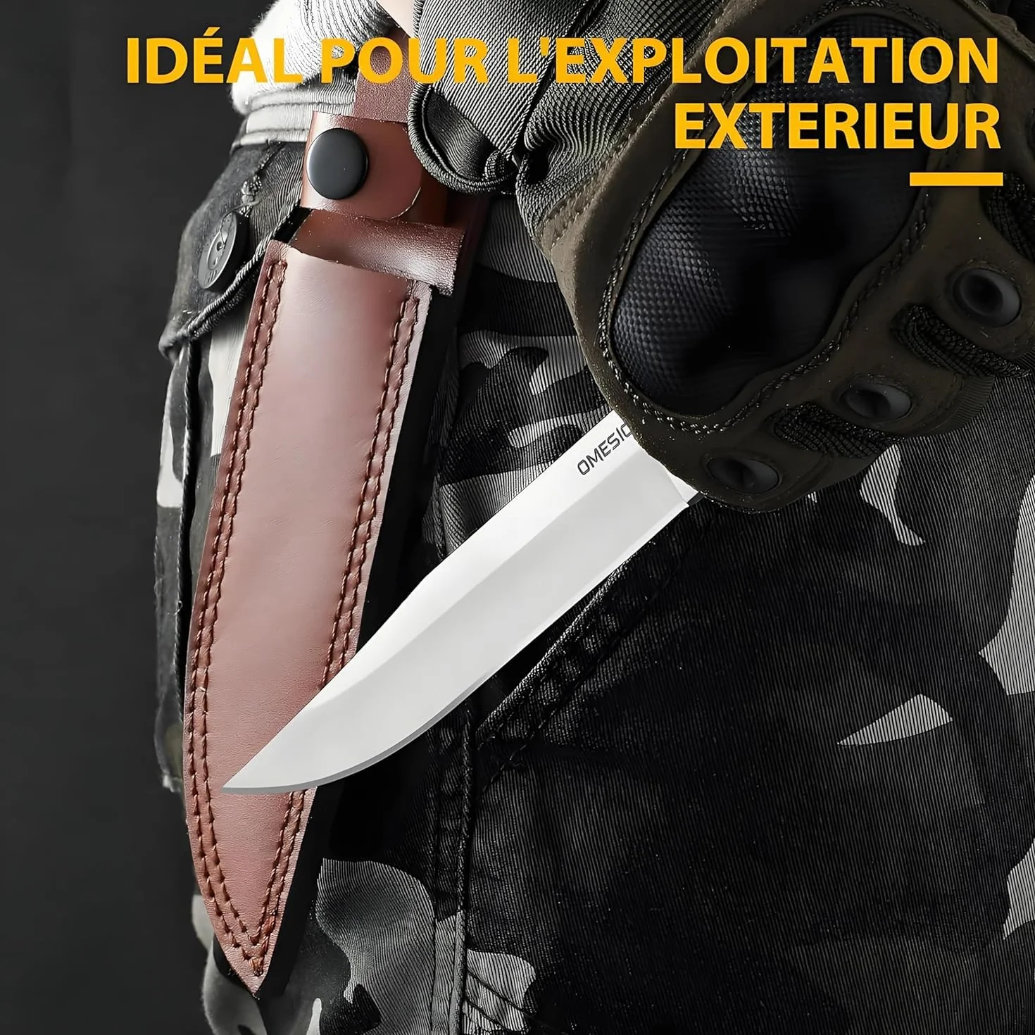Omesio Coltello Da Sopravvivenza Outdoor Coltello Da Caccia Coltello Outdoor con Fodero in Pelle Coltello Da Giungla con Lama Affilata Robusto Per La Sopravvivenza e Il Campeggio Manico in Legno