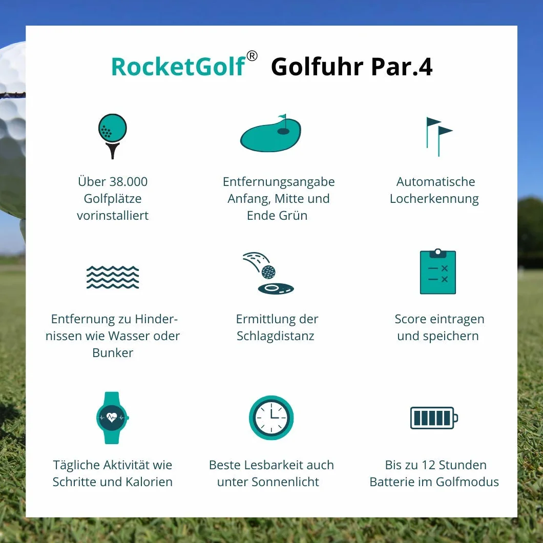 RocketGolf Golfuhr Par.4 telemetro GPS 38.000+ campi da golf funzione ostacolo contapassi aggiornamenti gratuiti