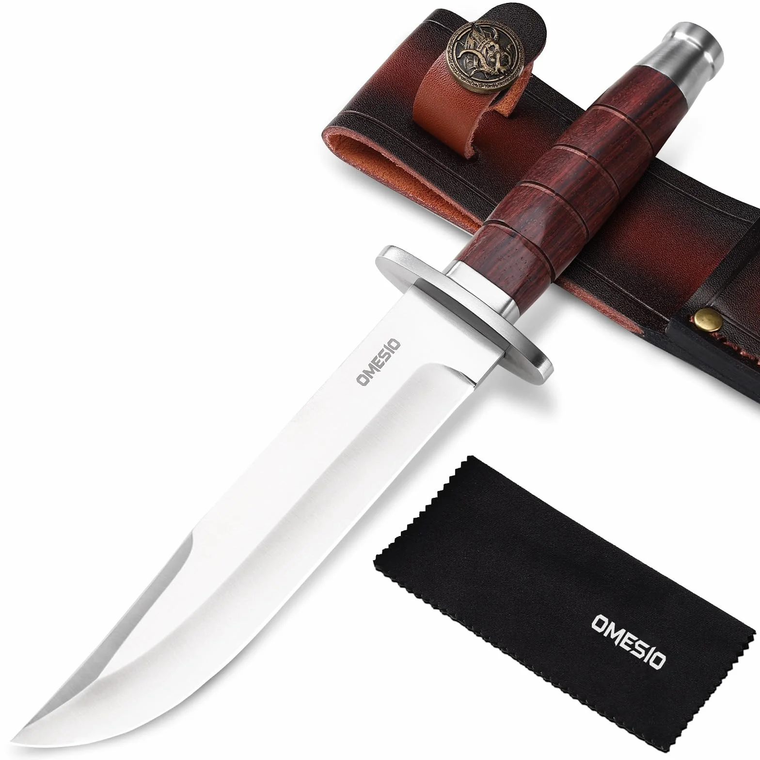 Omesio Coltello Da Caccia Outdoor, Lama Fissa — Include Fodero in Pelle, Realizzato Acciaio 5cr14mov — Manico Interamente in Legno — Adatto Per Il Campeggio e La Sopravvivenza Nella Natura Selvaggia