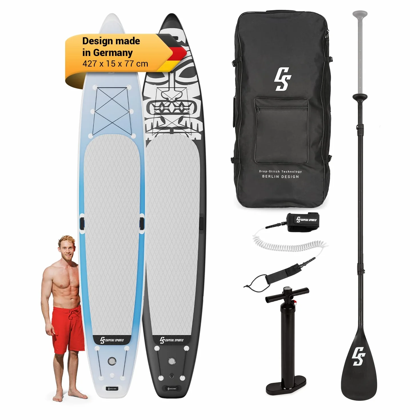 CAPITAL SPORTS SUP, Tavola SUP Gonfiabile per Adulti e Bambini, Versatile Stand Up Paddle con Pagaia SUP, Borsa da Trasporto, Pompa SUP e Accessori da Paddle Board e Kayak