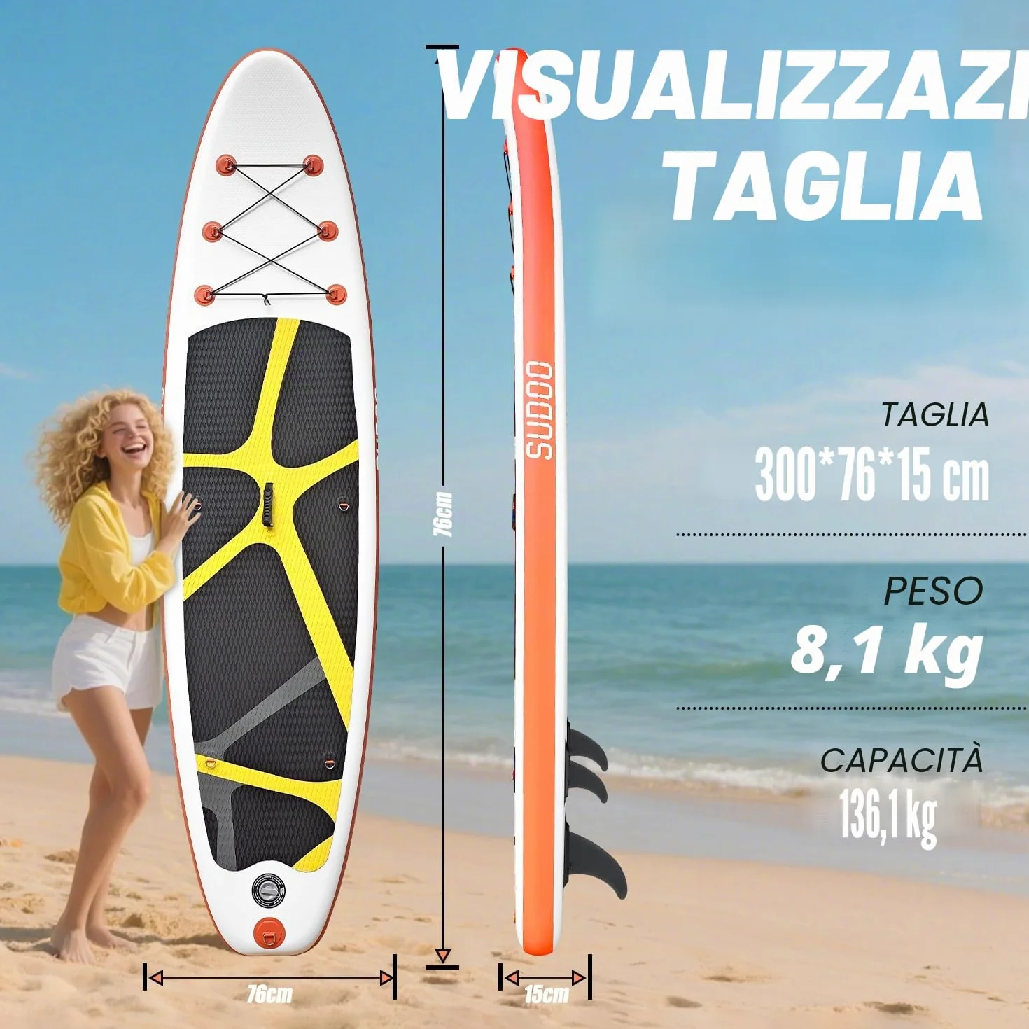 SUDOO Tavola da surf gonfiabile 3 m 15,2 cm EVA Deck kit completo per principianti adulti pesca yoga surf