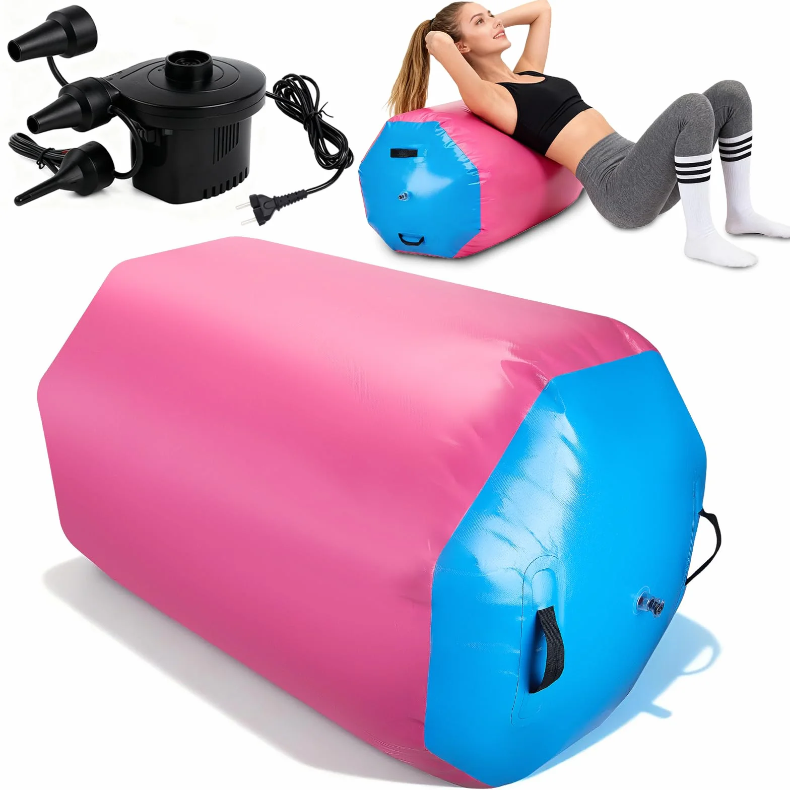Air Roll, 90 * 70 cm Rullo ad Aria Gonfiabile Rotondo, Air Roll Gonfiabile con Pompa Elettrica, Air Barrel Gymnastics Roller per Allenamento Fitness Yoga Backflip