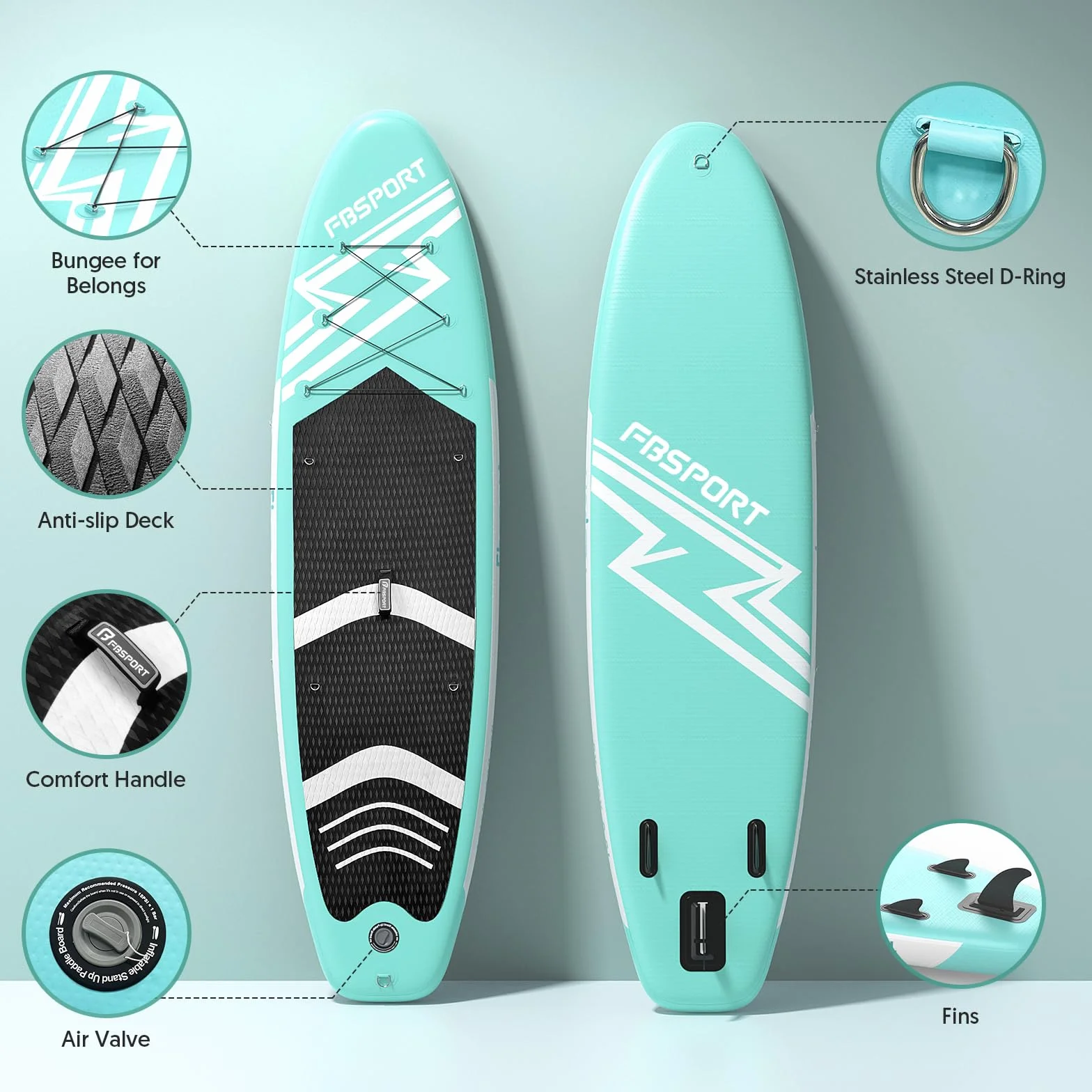 FBSPORT Tavola da SUP Gonfiabile SUP, Stand Up Paddling Board, Stand Up Paddle Board Gonfiabile per Stand Up Paddling 15CM Spessore, Surf con Alluminio Regolabile SUP Paddle + Pompa