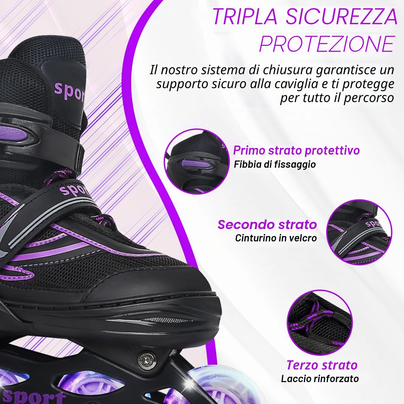 Pattini in linea regolabili per bambini ragazze ragazzi principianti, Pattini a rotelle per bambino e adolescente per lo sport viola e blu