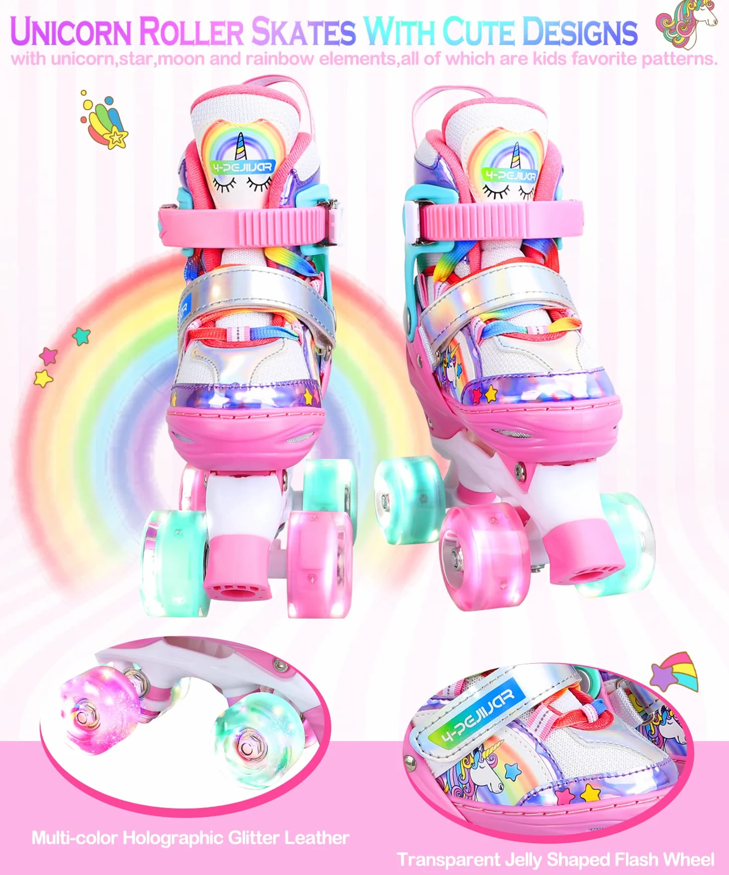 Pattini a Rotelle Bambina Unicorno Pattini Regolabili Pattini a Rotelle in Linea con 4 LED Ruote per Bambini Ragazzi Principianti