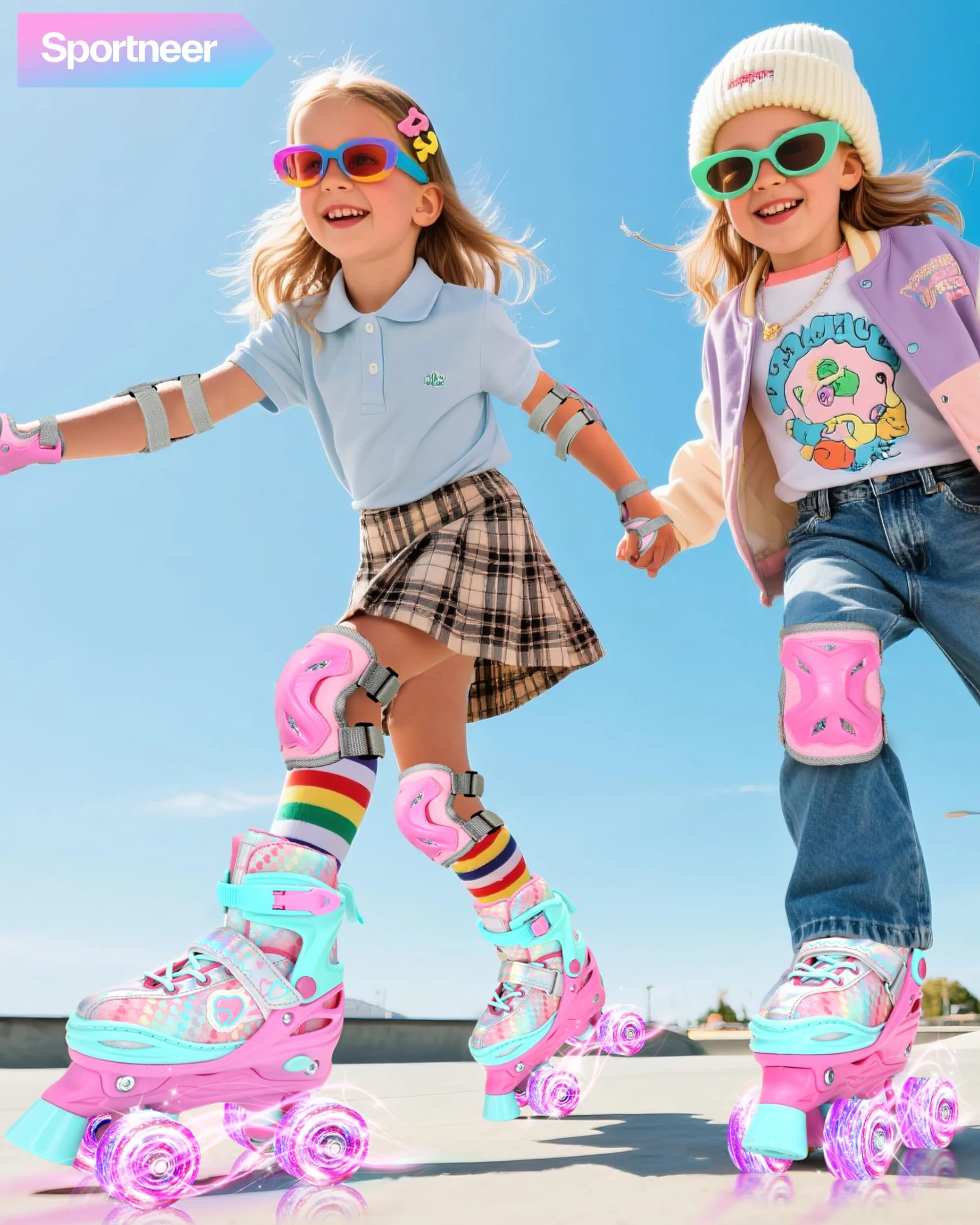 Sportneer Pattini a rotelle per bambini, con equipaggiamento protettivo, pattini a rotelle regolabili con 8 ruote luminose, per ragazze, bambini, ragazzi, principianti, interni ed esterni