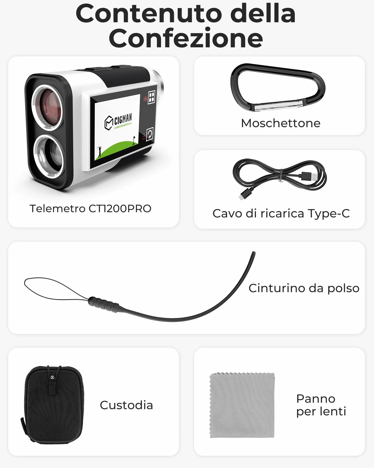 CIGMAN CT-1200PRO Golf Rangefinder Laser 1200Y ±1 m Display Touch Slope Oculare 25 mm Ricaricabile USB-C