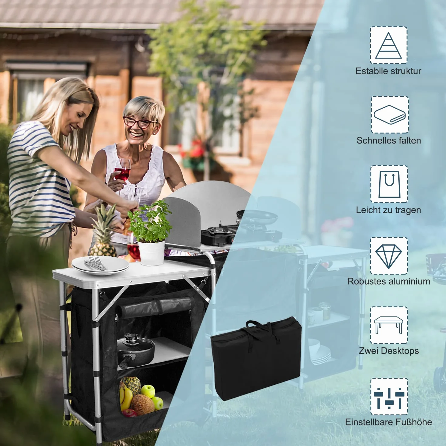 Cucina da campeggio con paraspruzzi e borsa trasporto, armadio pieghevole telaio alluminio, outdoor