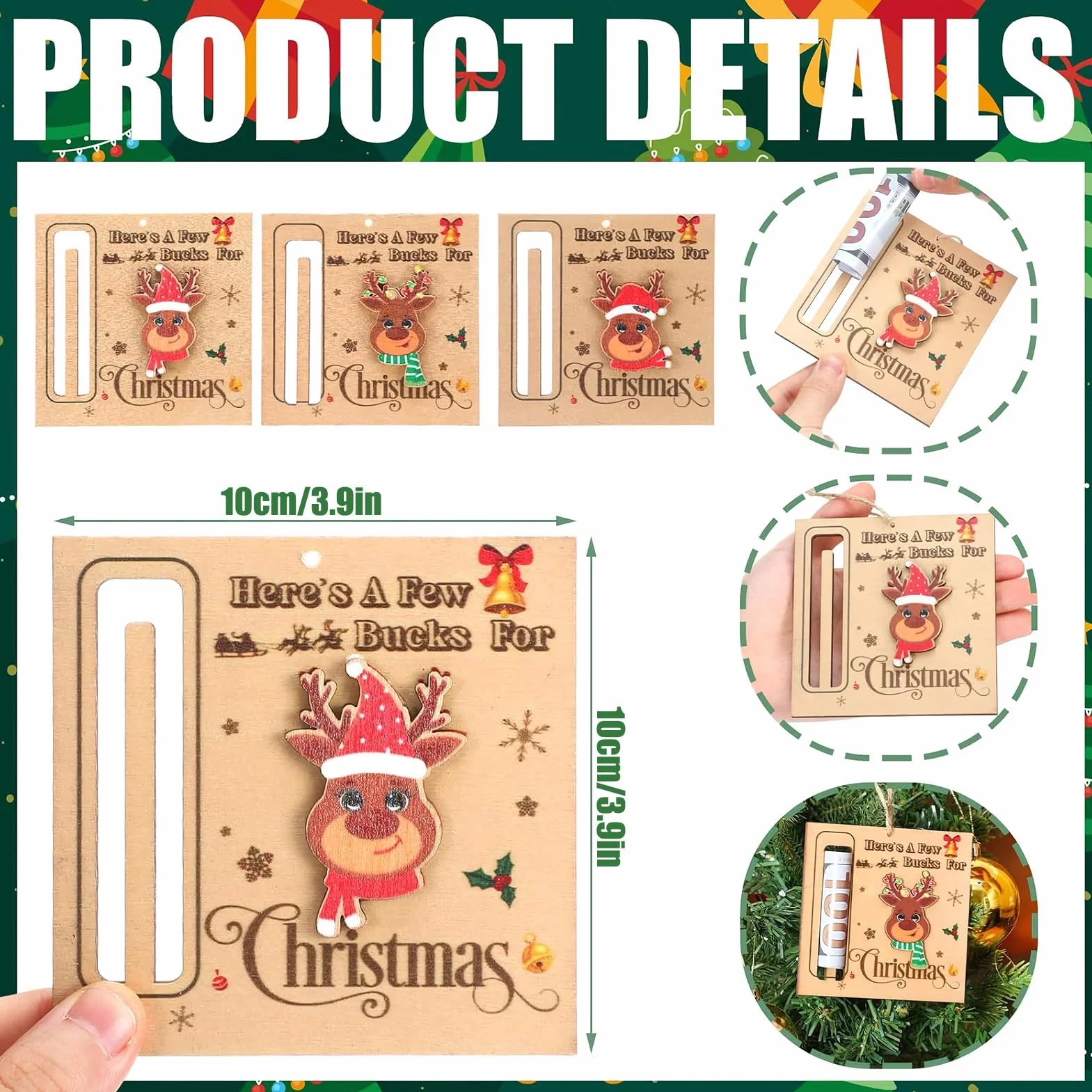 Portasoldi Natalizi in Legno 3 Pezzi Ornamenti Decorativi a Clip per Denaro per Albero di Natale