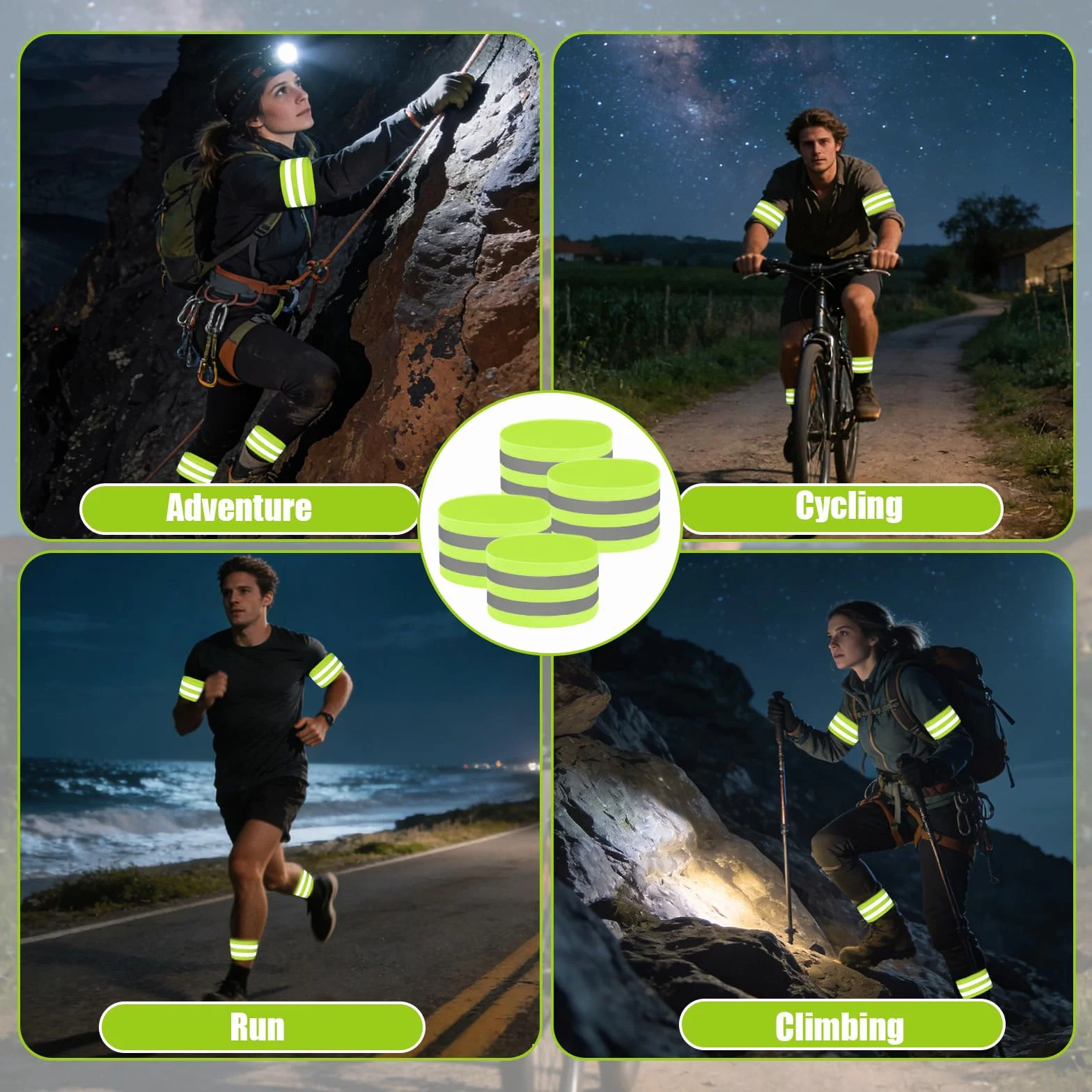 Bracciale Riflettente Elastico 4 Pezzi, Catarifrangenti Alta Visibilità con Chiusura a Strappo per Running Bici