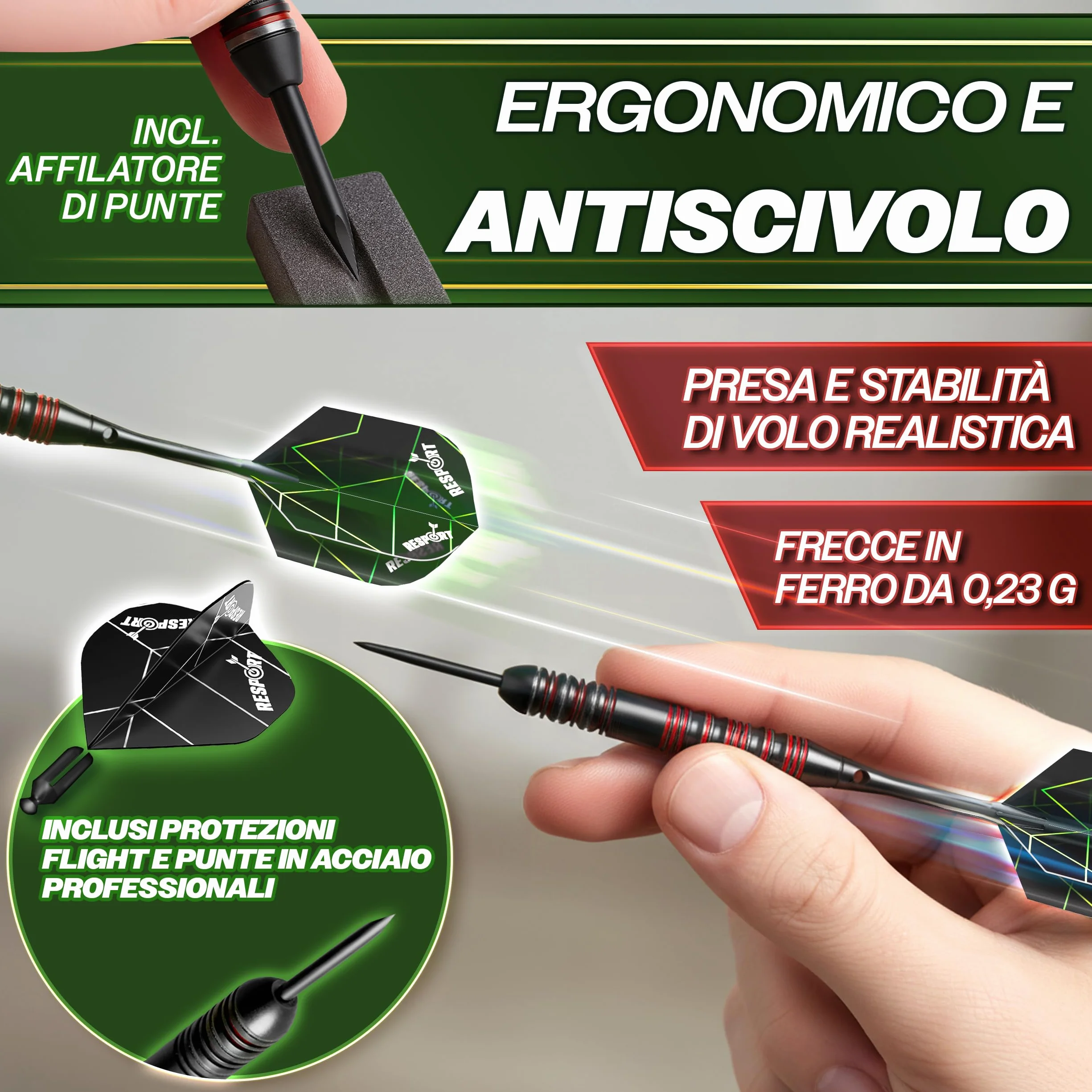 RE:SPORT® Bersaglio per freccette XXL in Sisal, set con 9 freccette professionali + accessori