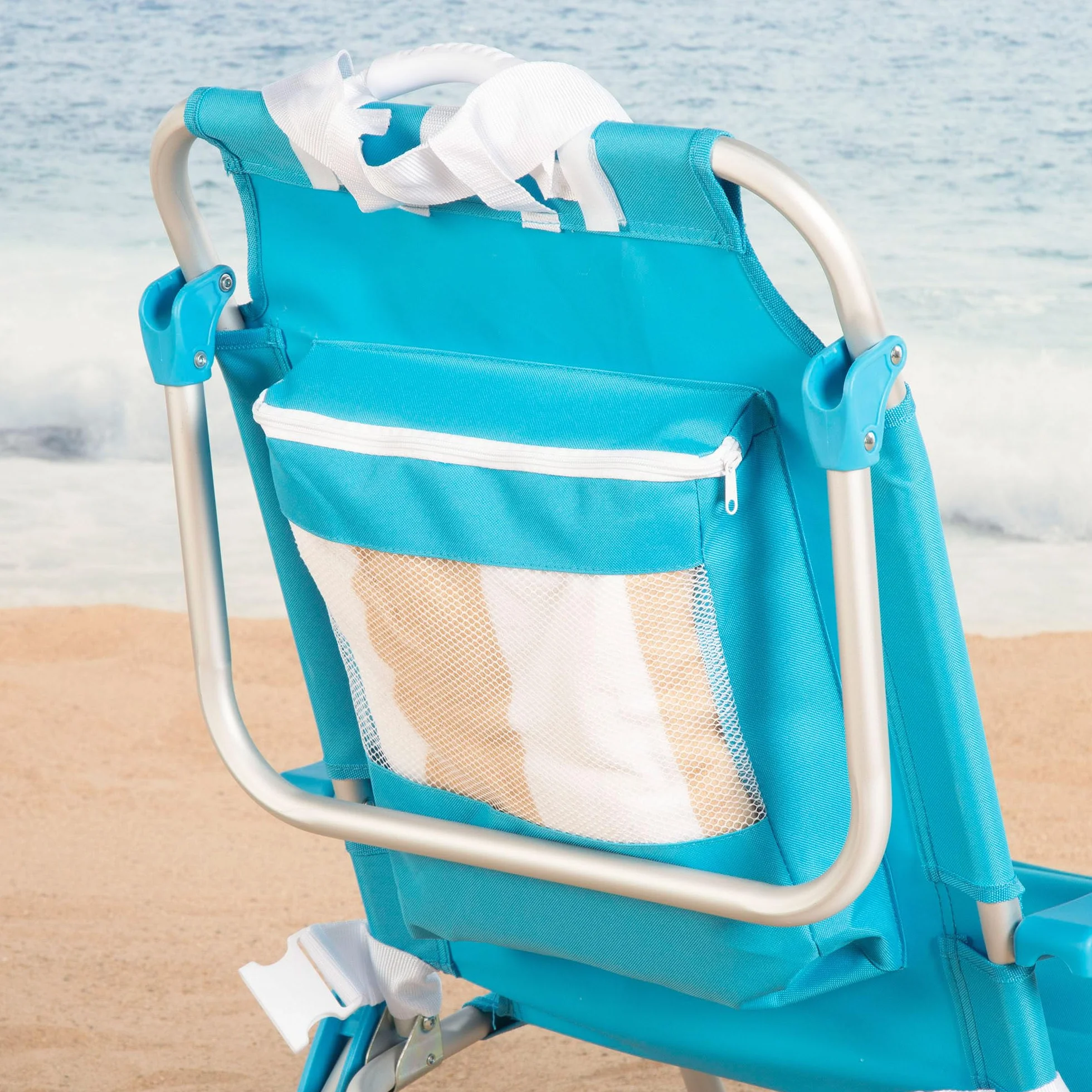AKTIVE Sedia da spiaggia pieghevole 49x58x80 cm, con cuscino, sedia zaino pieghevole, schienale reclinabile, con due tasche, blu pastello (53983)