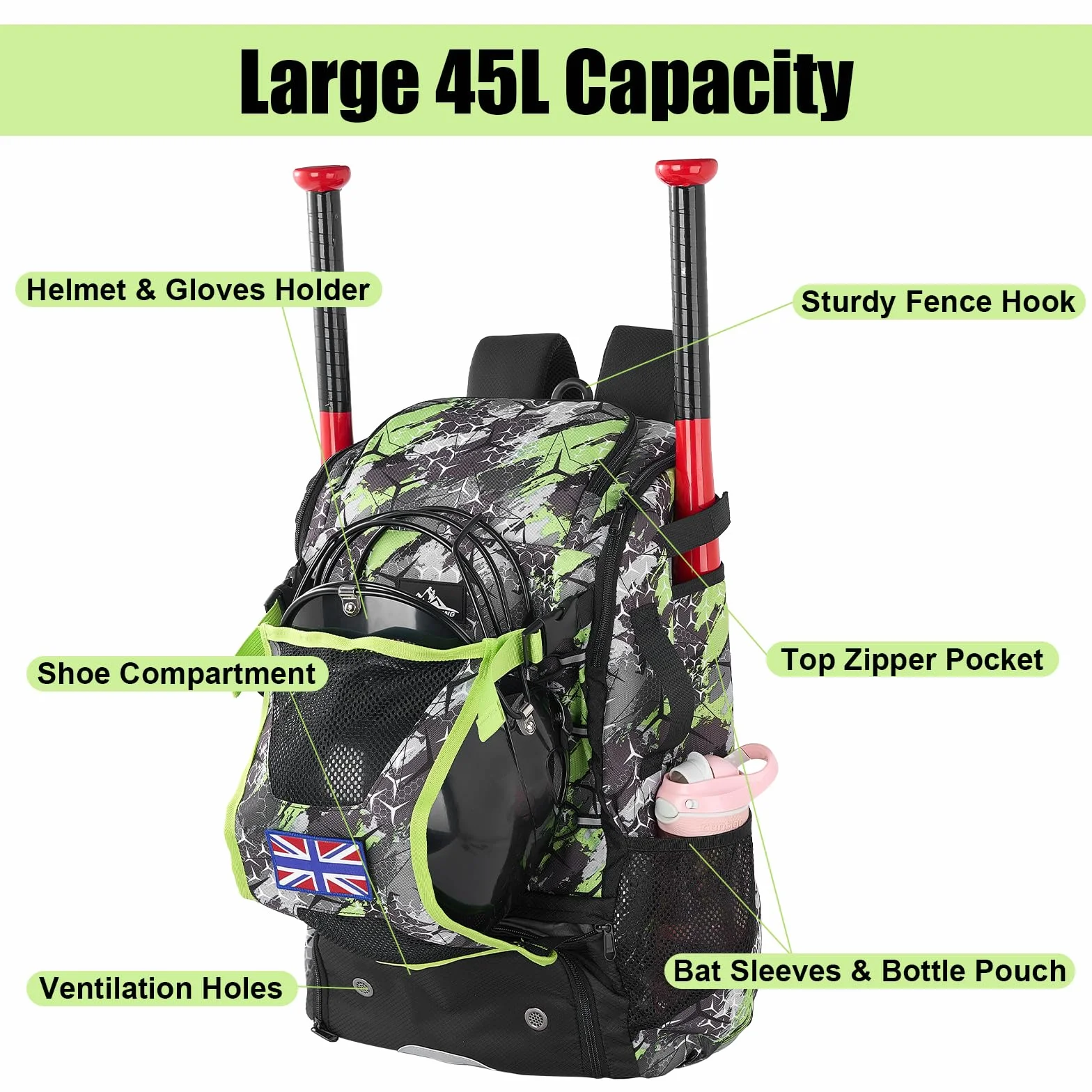 POWER KING 45L Youth Baseball Bat Bag, Large Capacity Backpack for Baseball, T-Ball & Softball Equipment & Gear with Shoe Compartment | Fence Hook | Helmet Holder