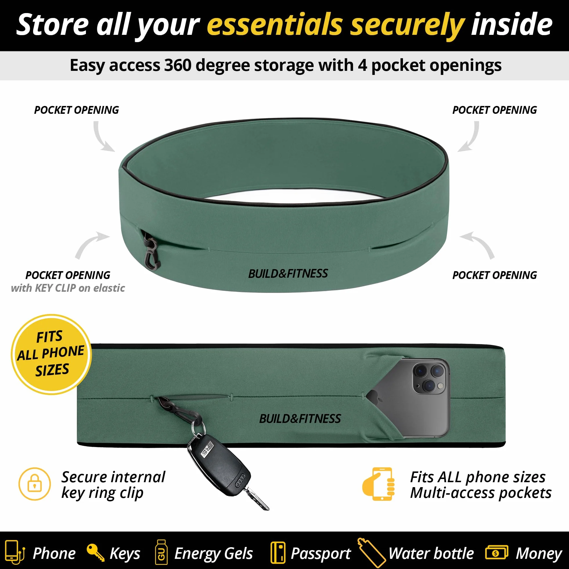 Cintura da corsa Build & Fitness con cerniera, portachiavi, porta telefono, marsupio unisex