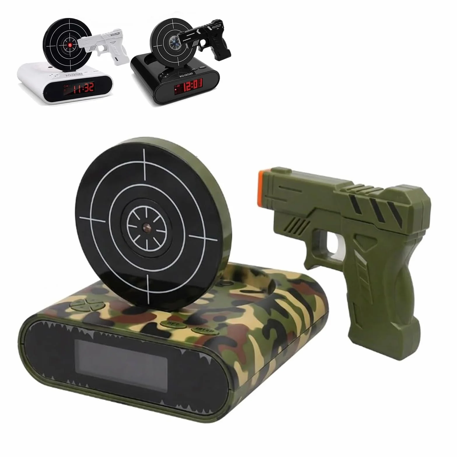 Sveglia interattiva con pistola e bersaglio, timer digitale LED 2 modalità allarme, orologio personalizzato per sonno pesante (Army Green)