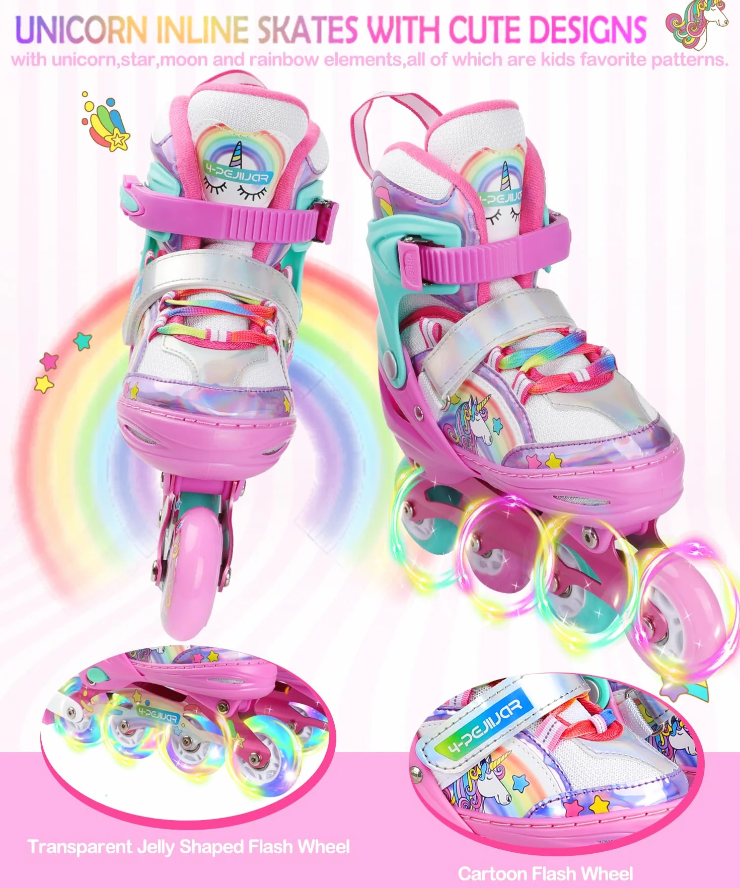 Unicorno Pattini in Linea Bambina Regolabili 4 Ruote LED per Principianti Ragazza