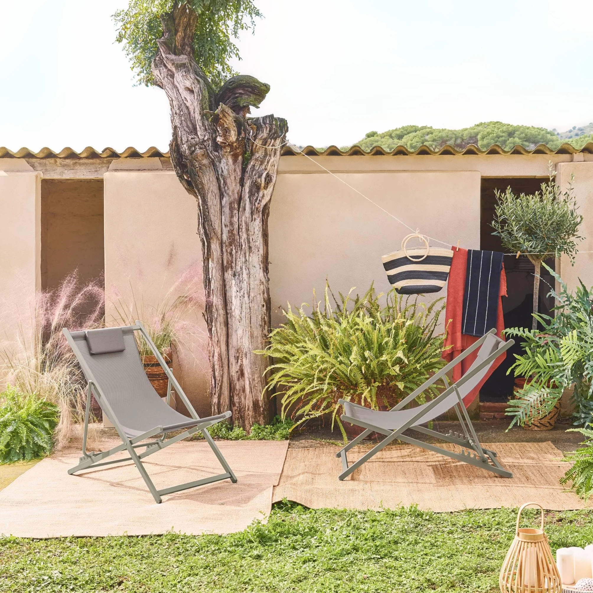 Set 2 sedie sdraio pieghevoli con cuscino e multiposizione Verde kaki - 102x62x81 cm