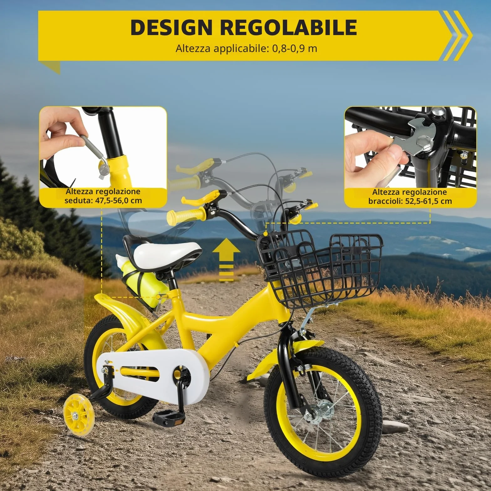 Bicicletta per bambini 12 pollici a pedale con ruote di supporto regolabile
