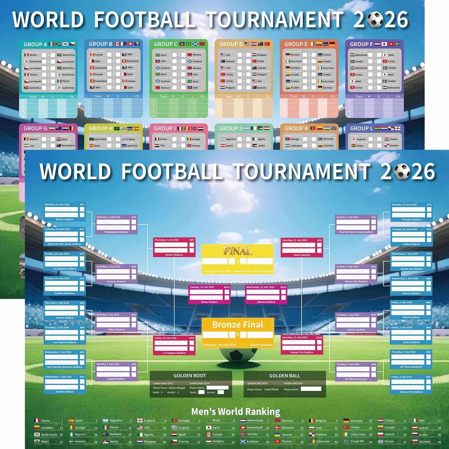 Tabellone da parete Mondiali calcio 2026 poster programma A2 60x42cm 23.6x16.5 pollici decorazioni feste regali