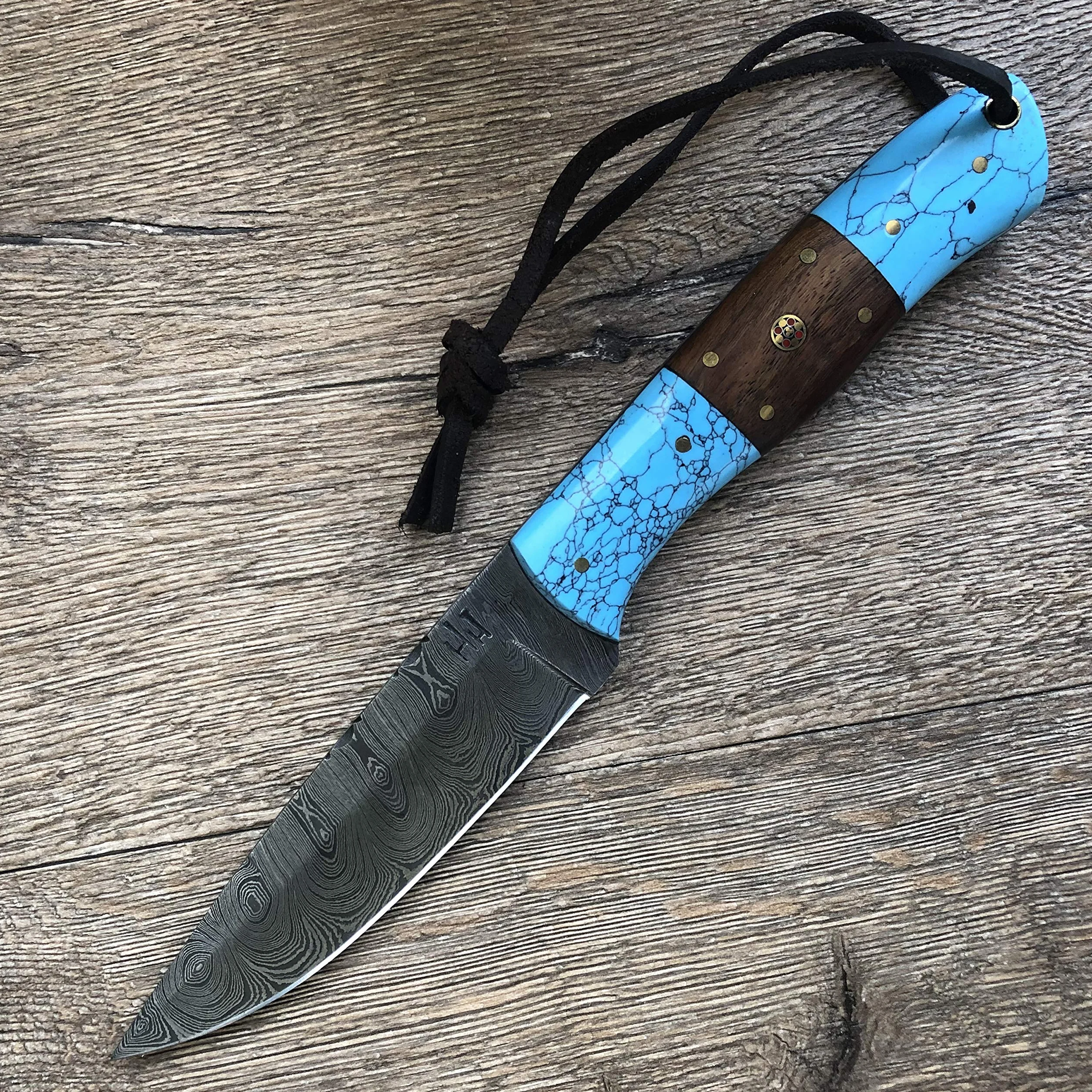 Hobby Hut HH-409, 24,13 cm, coltello damasco in acciaio fatto a mano, coltello da caccia con fodero in pelle, manico in legno e turchese, coltello damascato, coltello da caccia completo, lama fissa