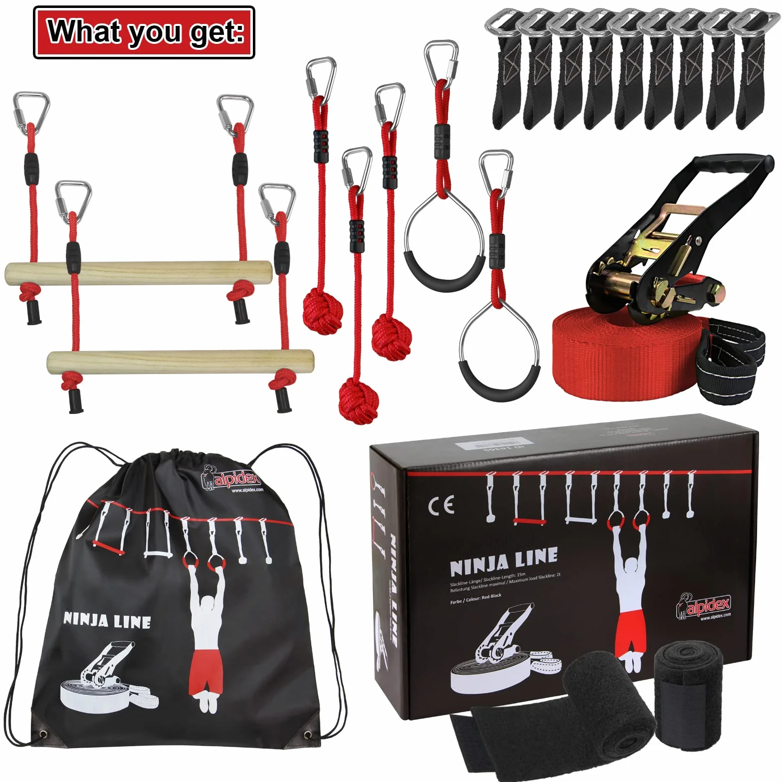 ALPIDEX Ninja Set 15 m Slackline Corda Percorso Sospeso Ostacoli