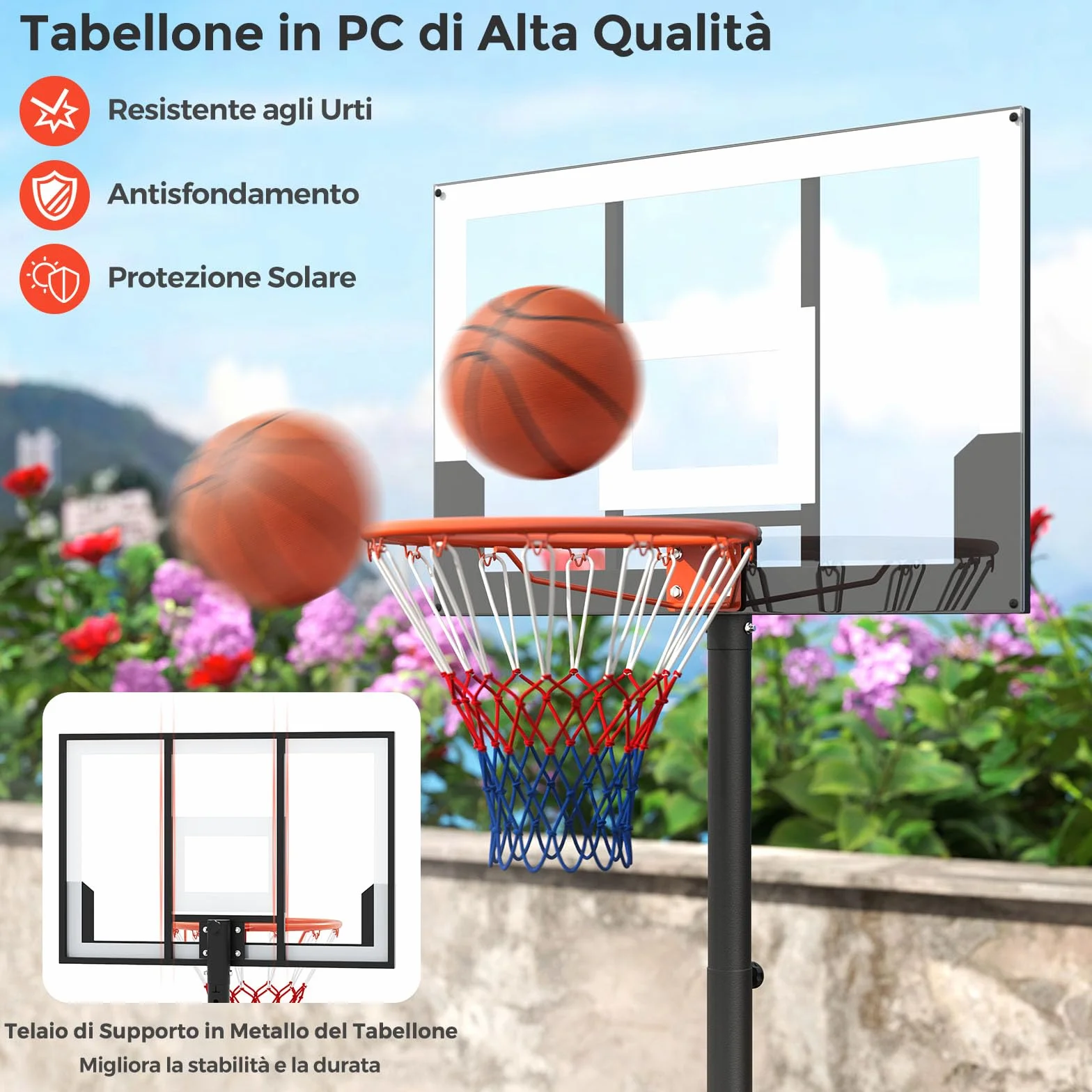 COSTWAY Canestro da Basket Regolabile 100-212 cm, Portatile con Tabellone in PC, Base Riempibile e Ruote