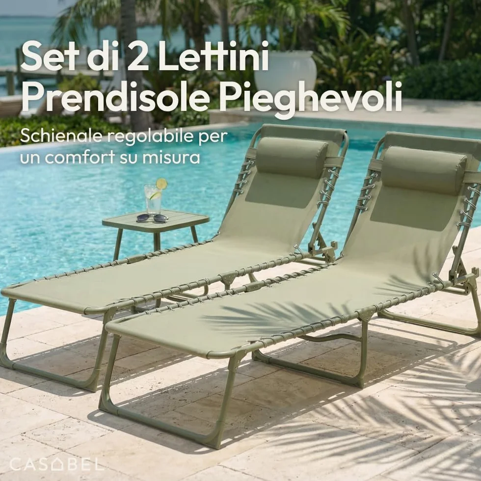 CASABEL Sedia Sdraio Pieghevole da Giardino, Set di 2 Lettini Pieghevoli Esterno Comodi e Resistenti, Struttura in Acciaio e Rivestimento in Textilene, Arredo Giardino Prendisole, Verde salvia