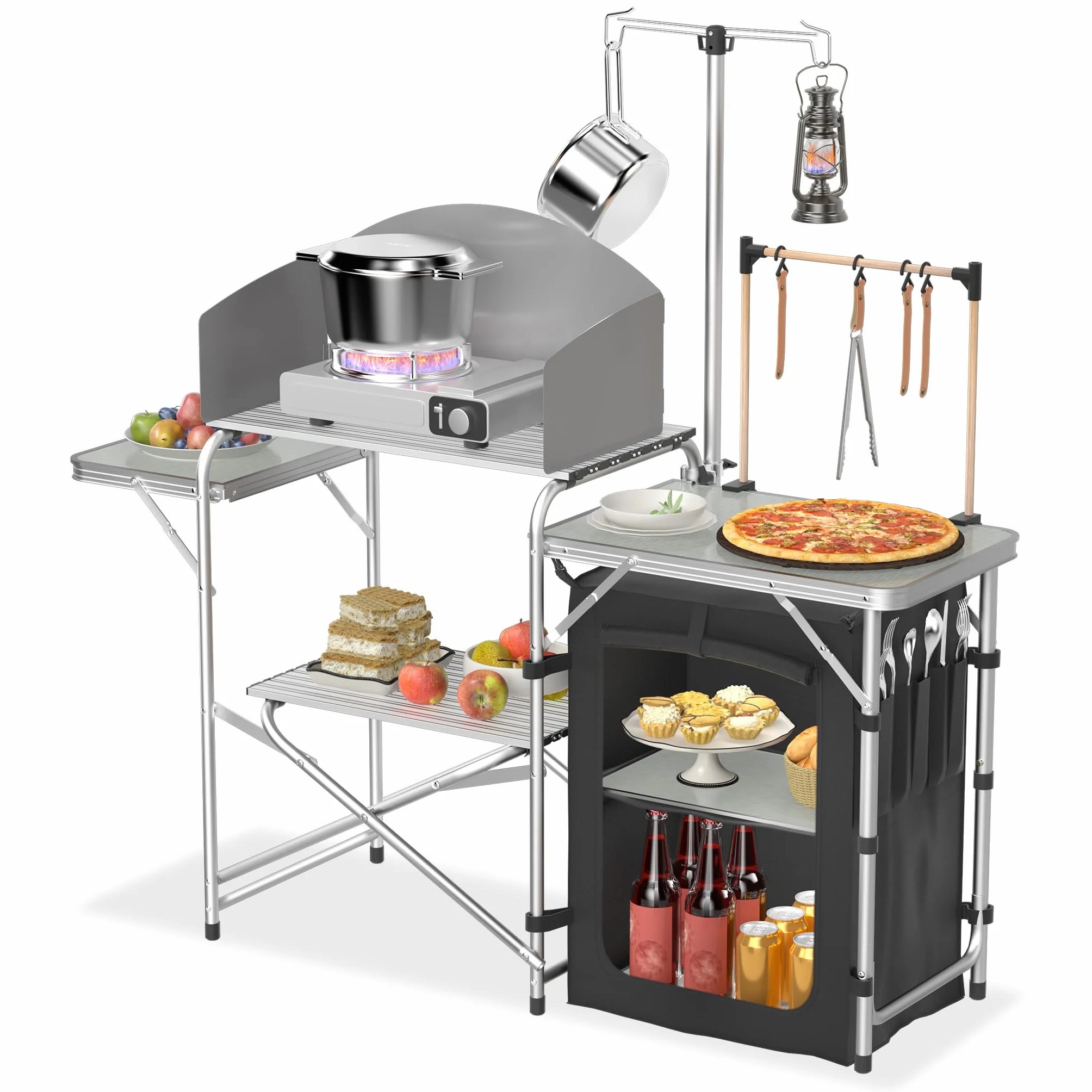 FIVMEN Cucina da Campeggio Pieghevole in Alluminio con 3 Piani di Lavoro, Scomparto, Supporto per Luci e 4 Ganci