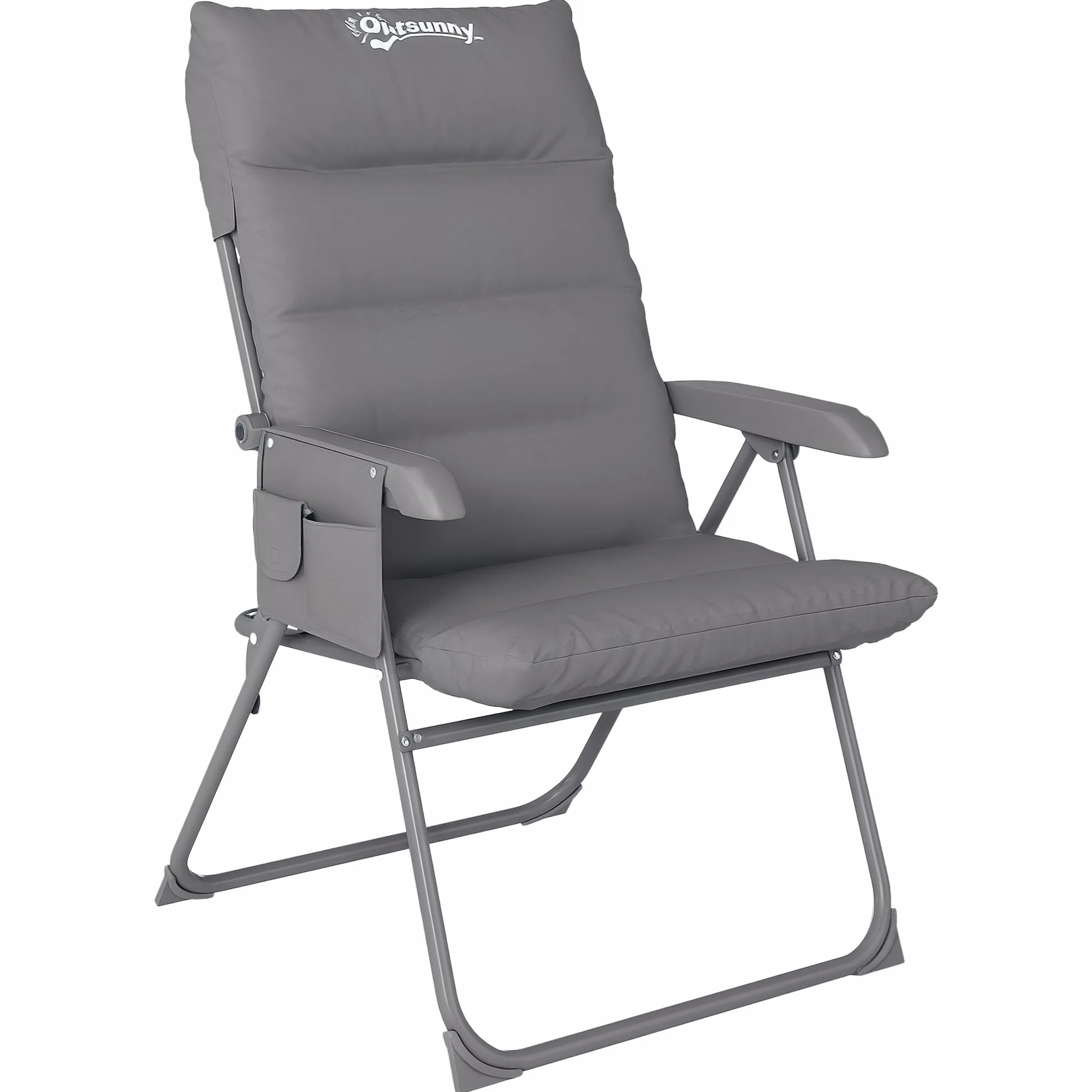 Outsunny Sedia da Campeggio Pieghevole con Schienale Alto Regolabile su 5 Livelli e Tasche Laterali, Sedia da Giardino in Tessuto Oxford e Metallo, Portata Fino a 120 kg, 66x58x105 cm, Grigio Chiaro