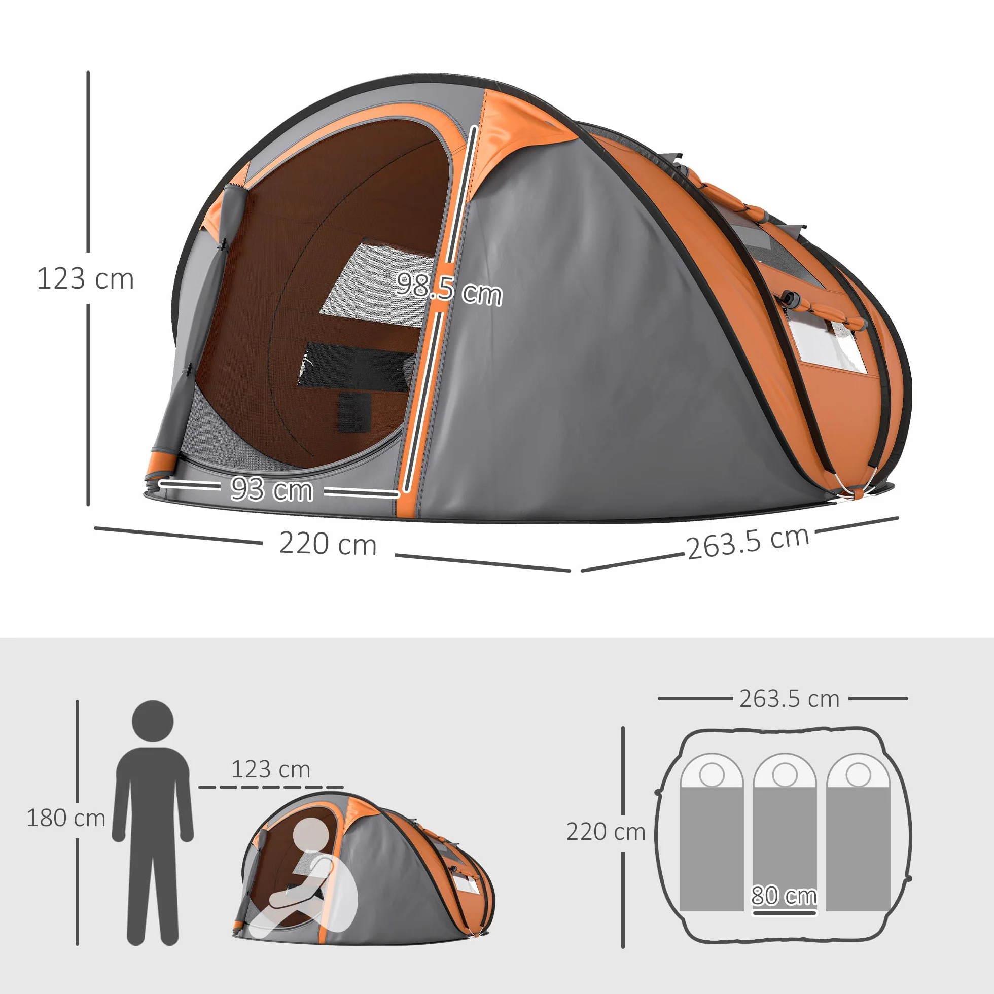 Outsunny Tenda da Campeggio Pop Up 4 Persone 2000mm Anti UV 20+ 263.5x220x123 cm Arancione