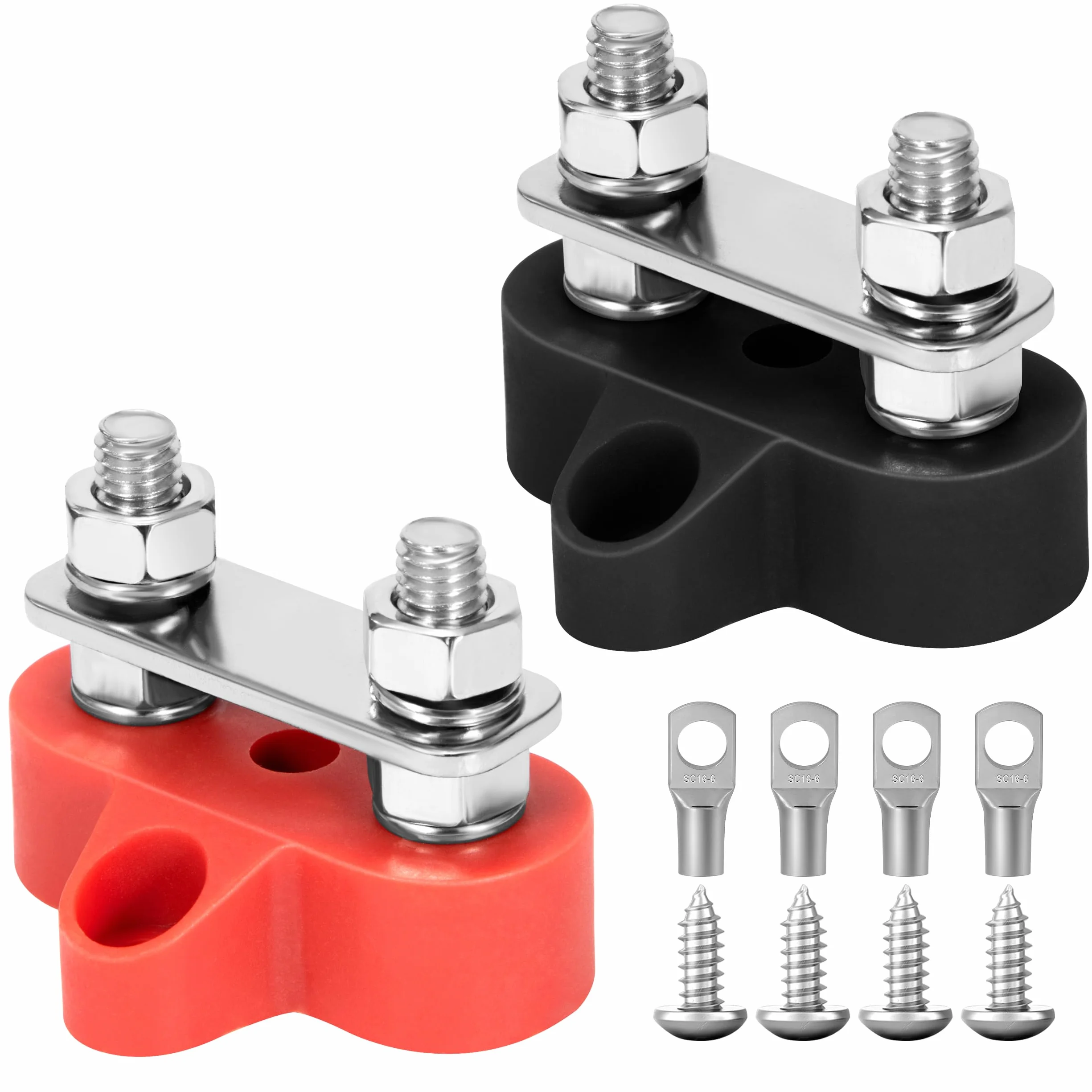QIMEI-SHOP Morsettiera di Distribuzione dell'alimentazione della Batteria M6 Morsettiera Batteria Bus Bar Doppio Perno 12V-48V per Auto Camion Camper Barca Rosso e Nero 2 Pezzi
