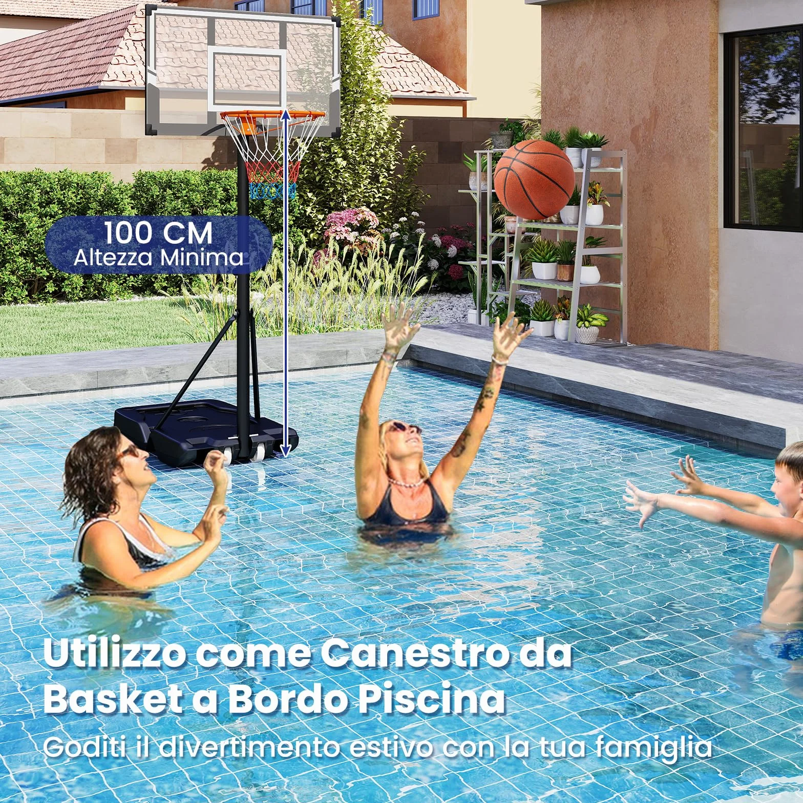 COSTWAY Canestro da Basket da Esterno Portatile Regolabile 1-3M Tabellone Antiurto con Ruote