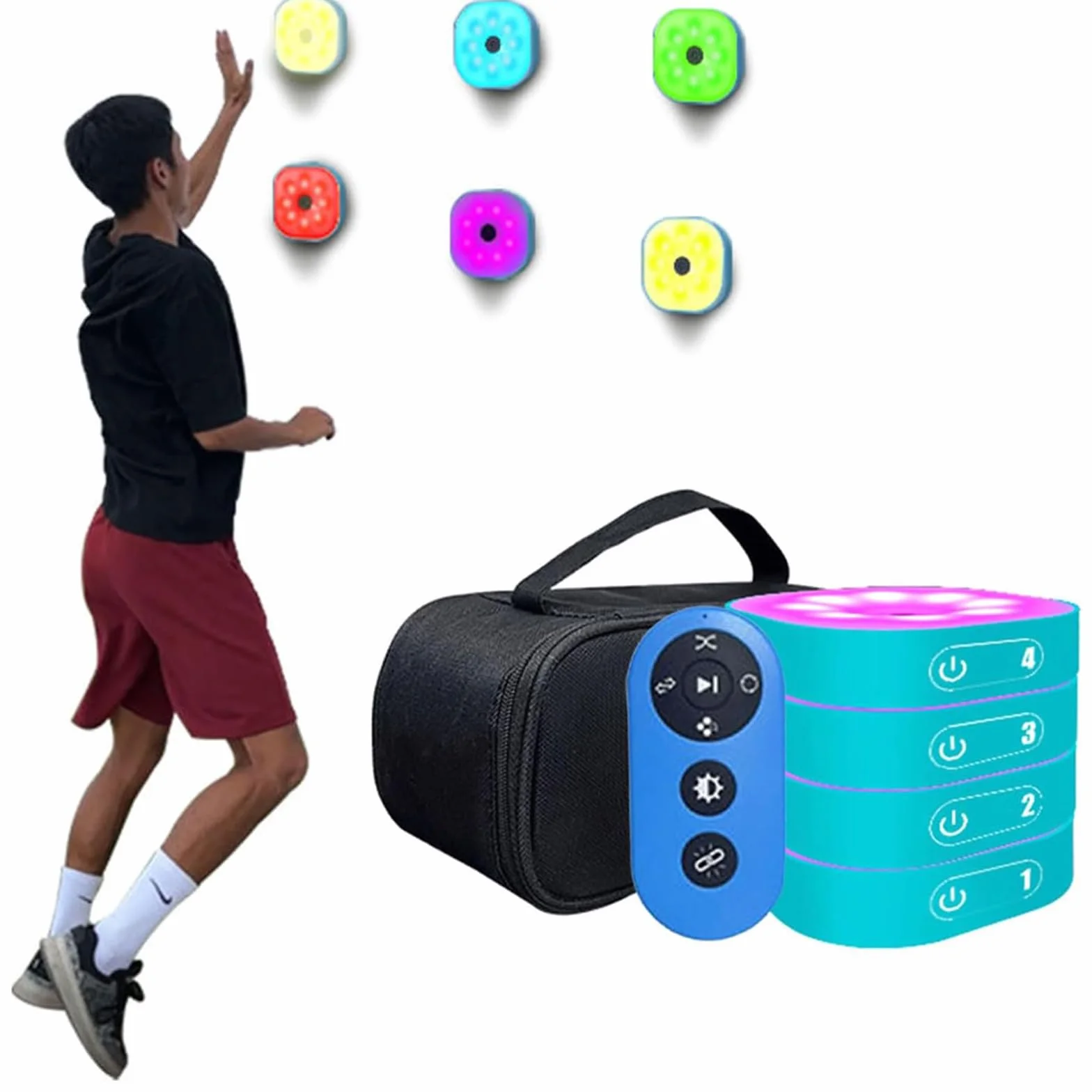 Luci per Allenamento di Reazione, Lampada Fitness Agile con Telecomando, 4 Modalità 4 Colori, Visione 270°