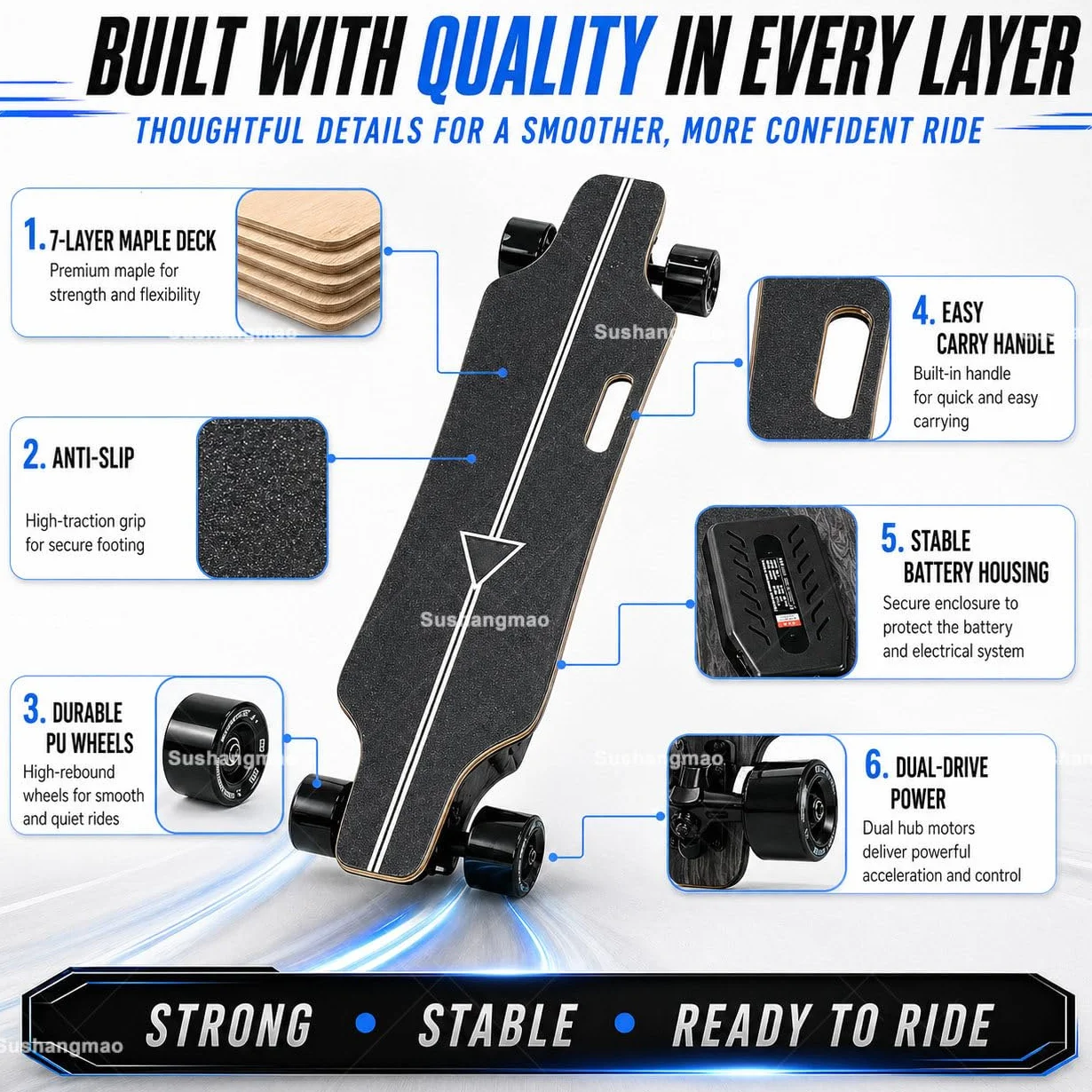 Skateboard Elettrico, Longboard Elettrico Con Telecomando Led Migliorato – Velocità Massima 25 O 50 Km/H, Controllo A 4 Velocità, Capacità 330 Lbs, Per Adulti E Adolescenti Single-Drive-15km