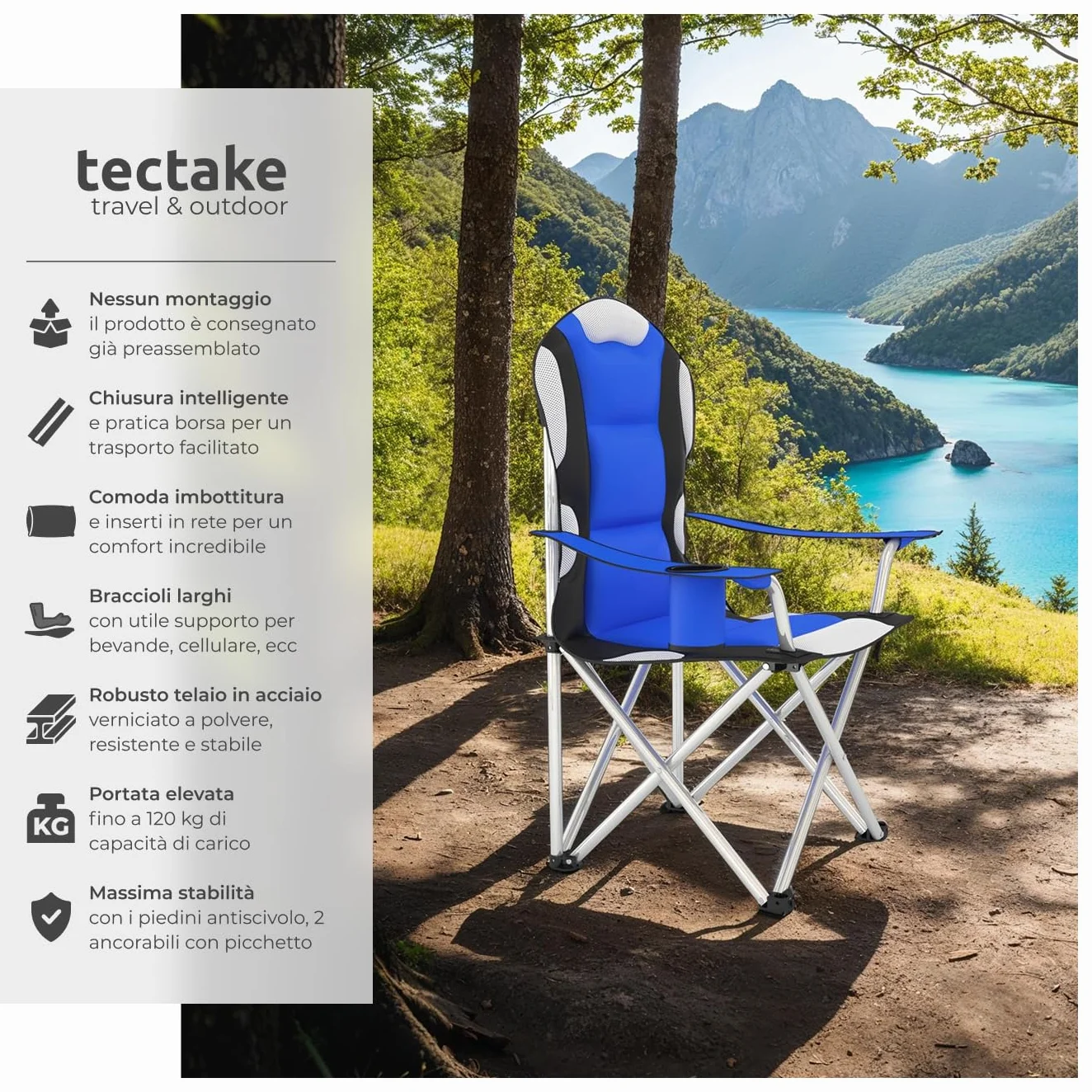 Tectake Sedia da Campeggio Pieghevole Imbottita con Tessuto a Rete e Porta Bevande