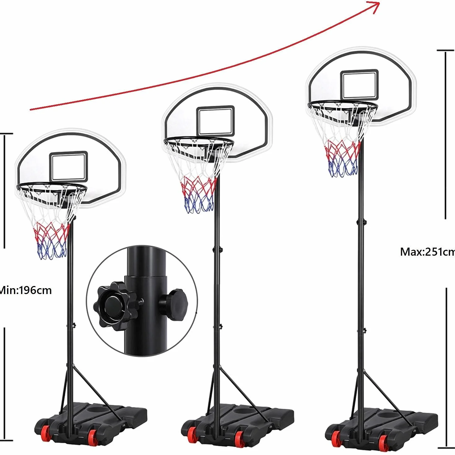 Yaheetech Cestino da basket regolabile 159-214 cm con ruote per interni ed esterni