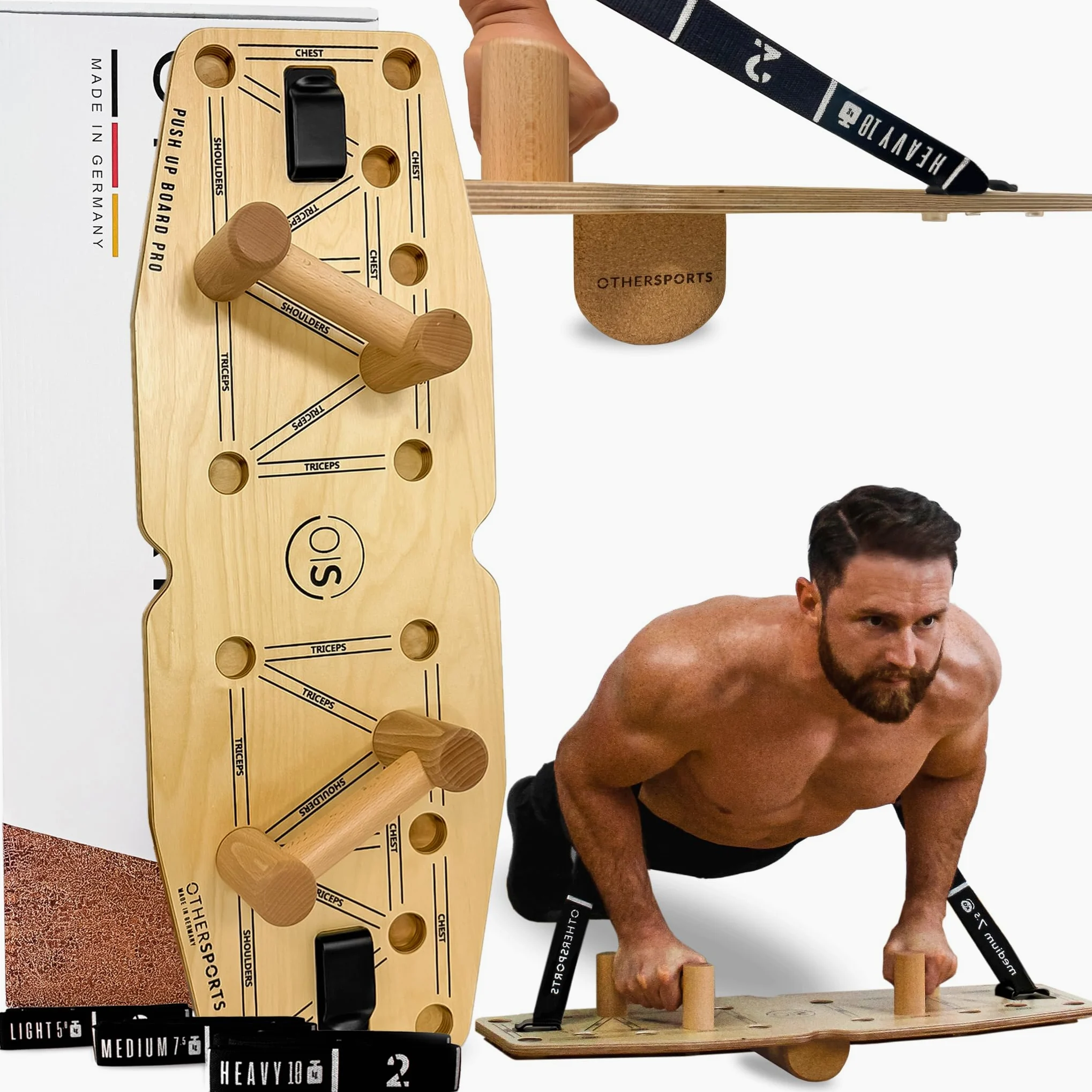 Tavola per flessioni in 100% vero legno e sughero, con nastri e istruzioni per l'allenamento in lingua tedesca – Set da tavola push up in legno