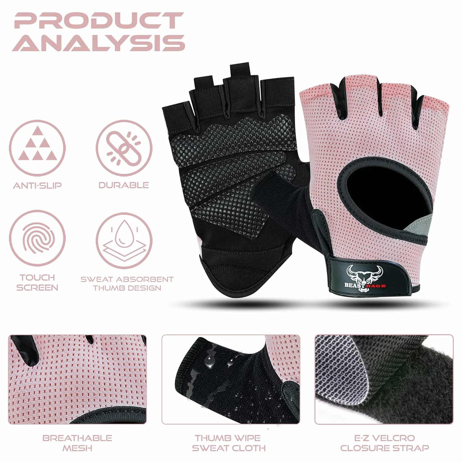 BEAST RAGE Guanti da palestra palmo imbottito in silicone antiscivolo traspiranti