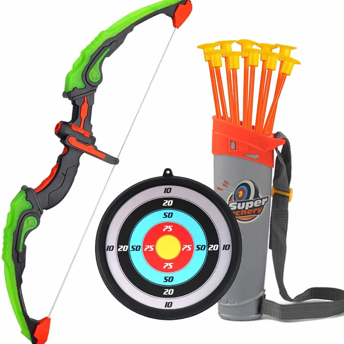 Arco e frecce per bambini con luci LED, kit giocattolo con bersaglio e ventose, 10 frecce