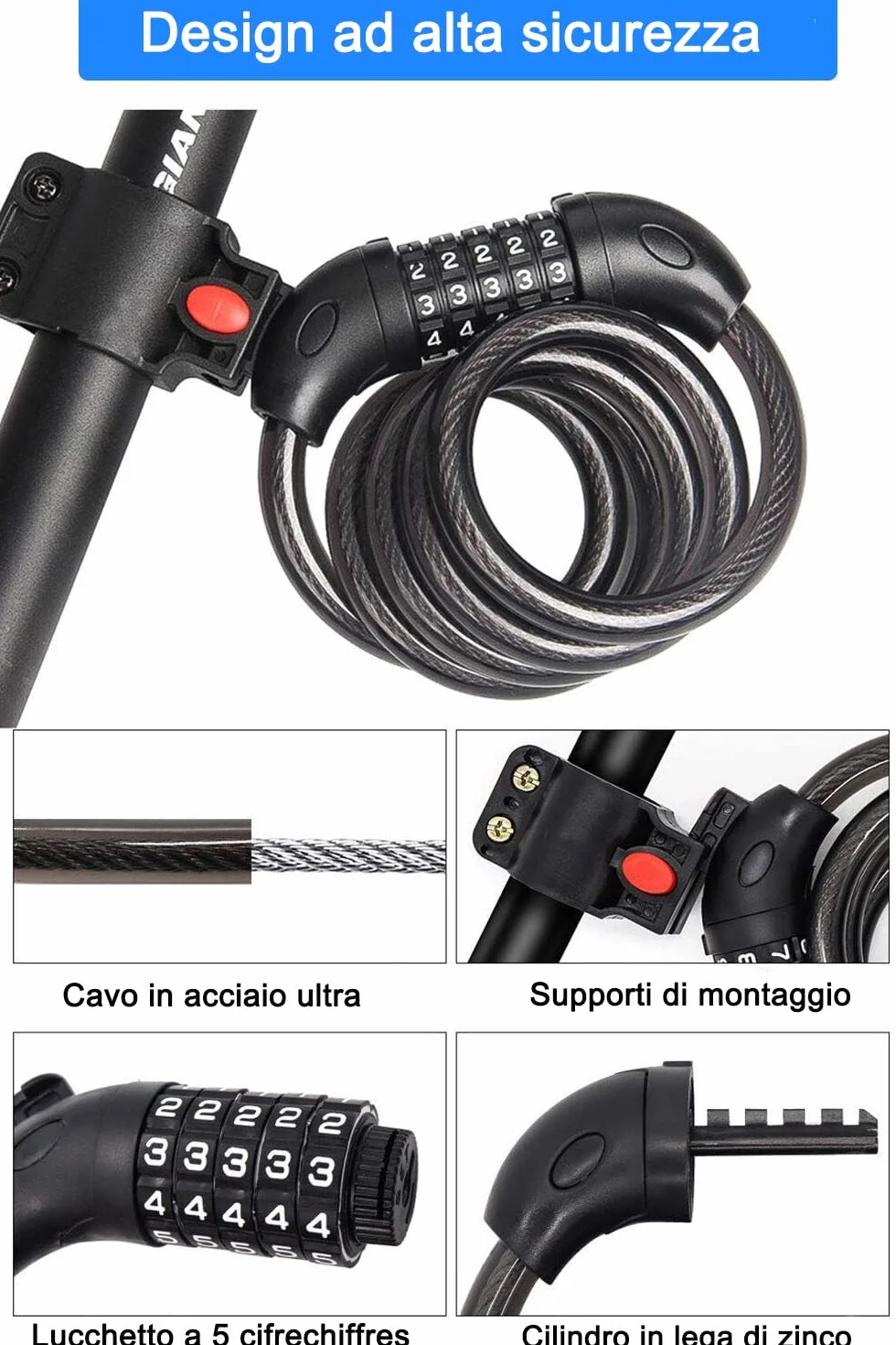 REHKITTZ Lucchetto per Bicicletta 120cm 12mm Catena Antifurto Combinazione MTB